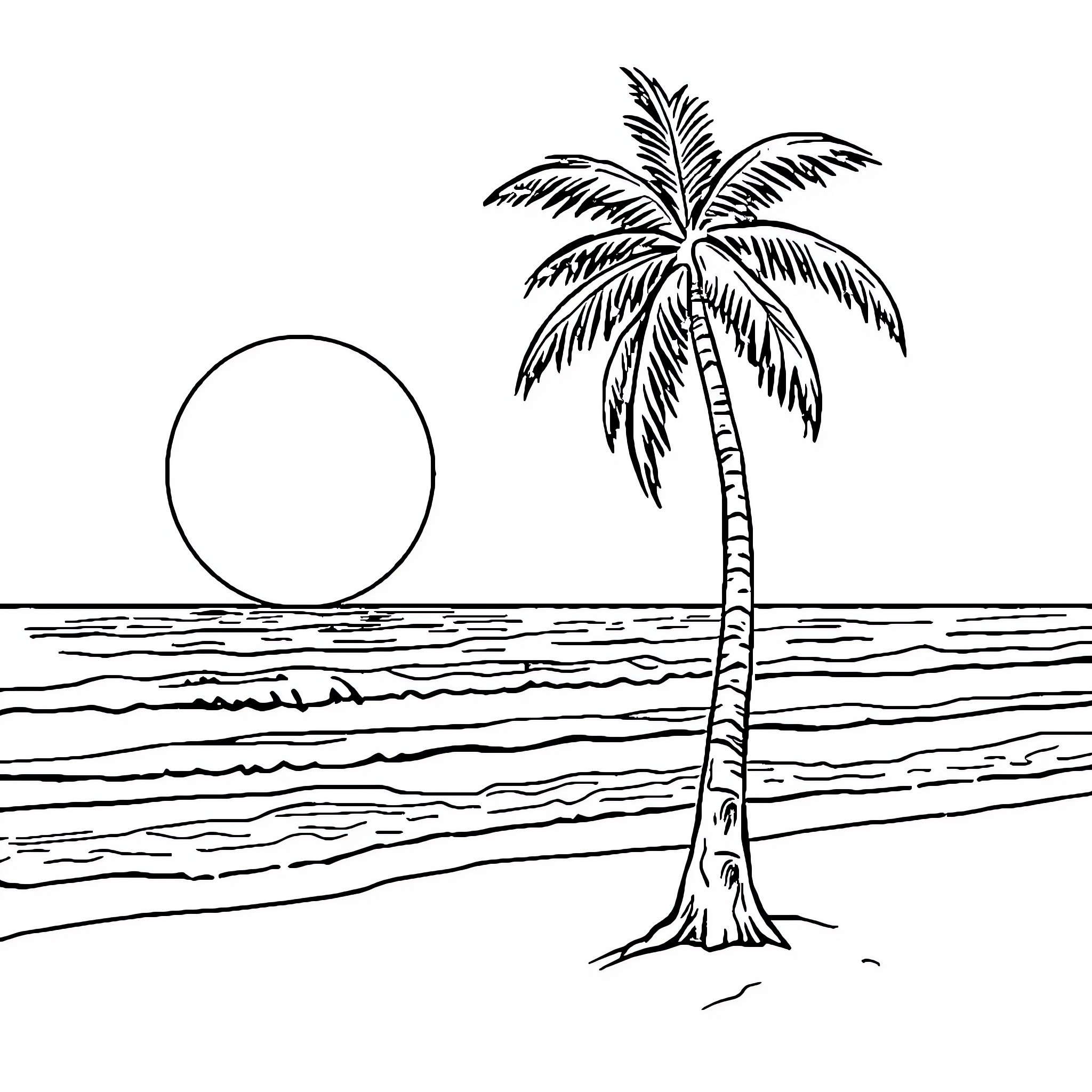 Beach with a solitary palm tree Coloring Page (free black-and-white line drawing printable PDF for all, from beginners to advanced learners, including children, teens, adults, and seniors)