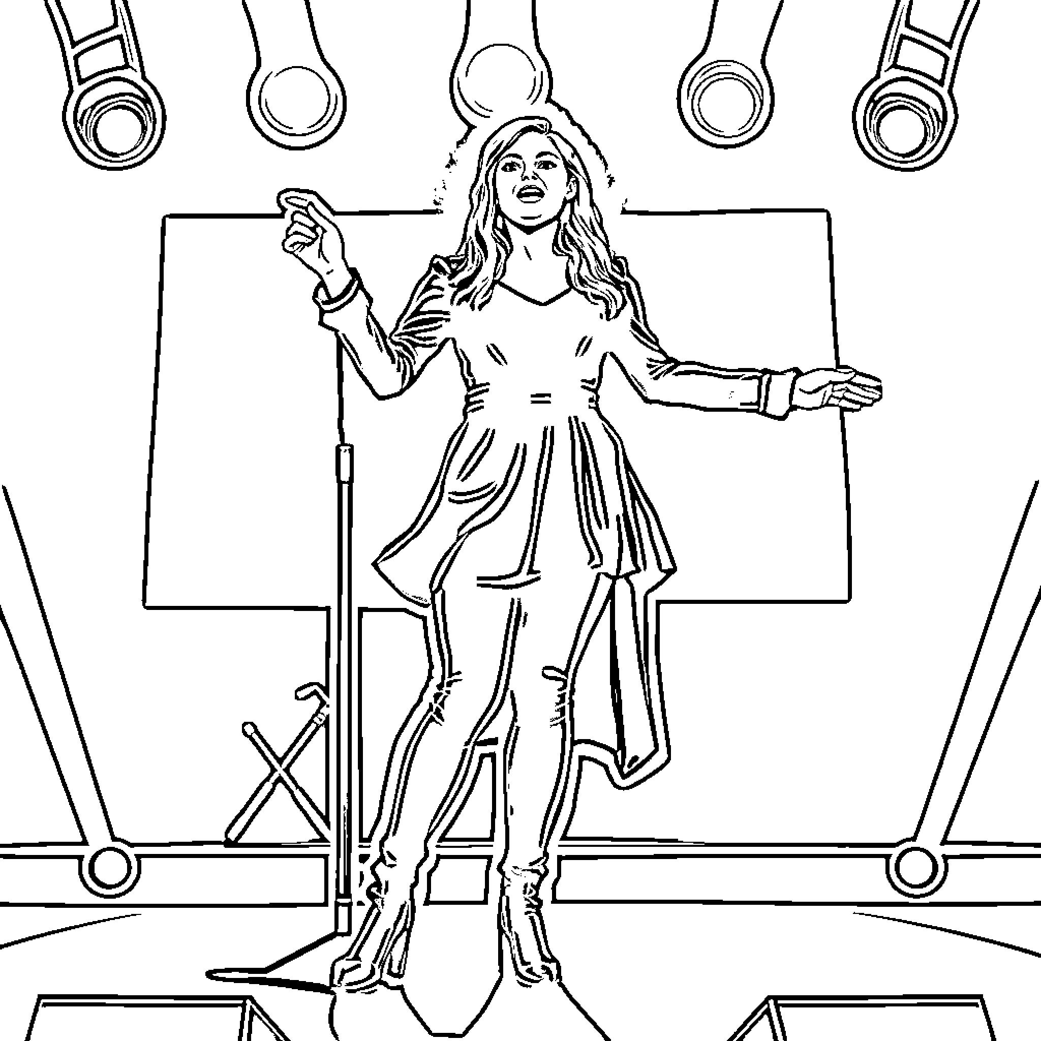 Zara Larsson performing on stage with microphone Coloring Page (free black-and-white line drawing printable PDF for all, from beginners to advanced learners, including children, teens, adults, and seniors)