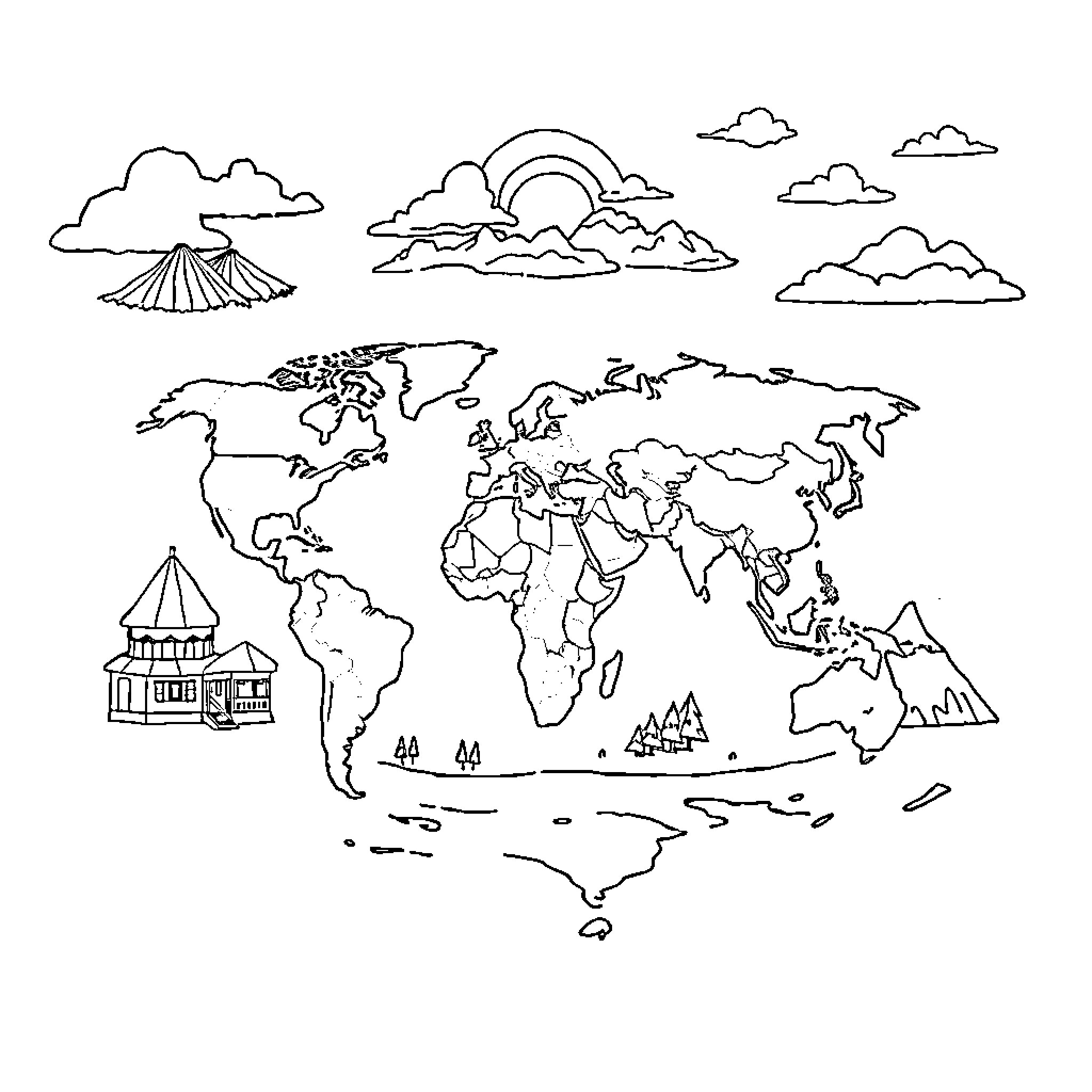 Country Landmarks and Landscapes Around the World Coloring Page (free black-and-white line drawing printable PDF for all, from beginners to advanced learners, including children, teens, adults, and seniors)