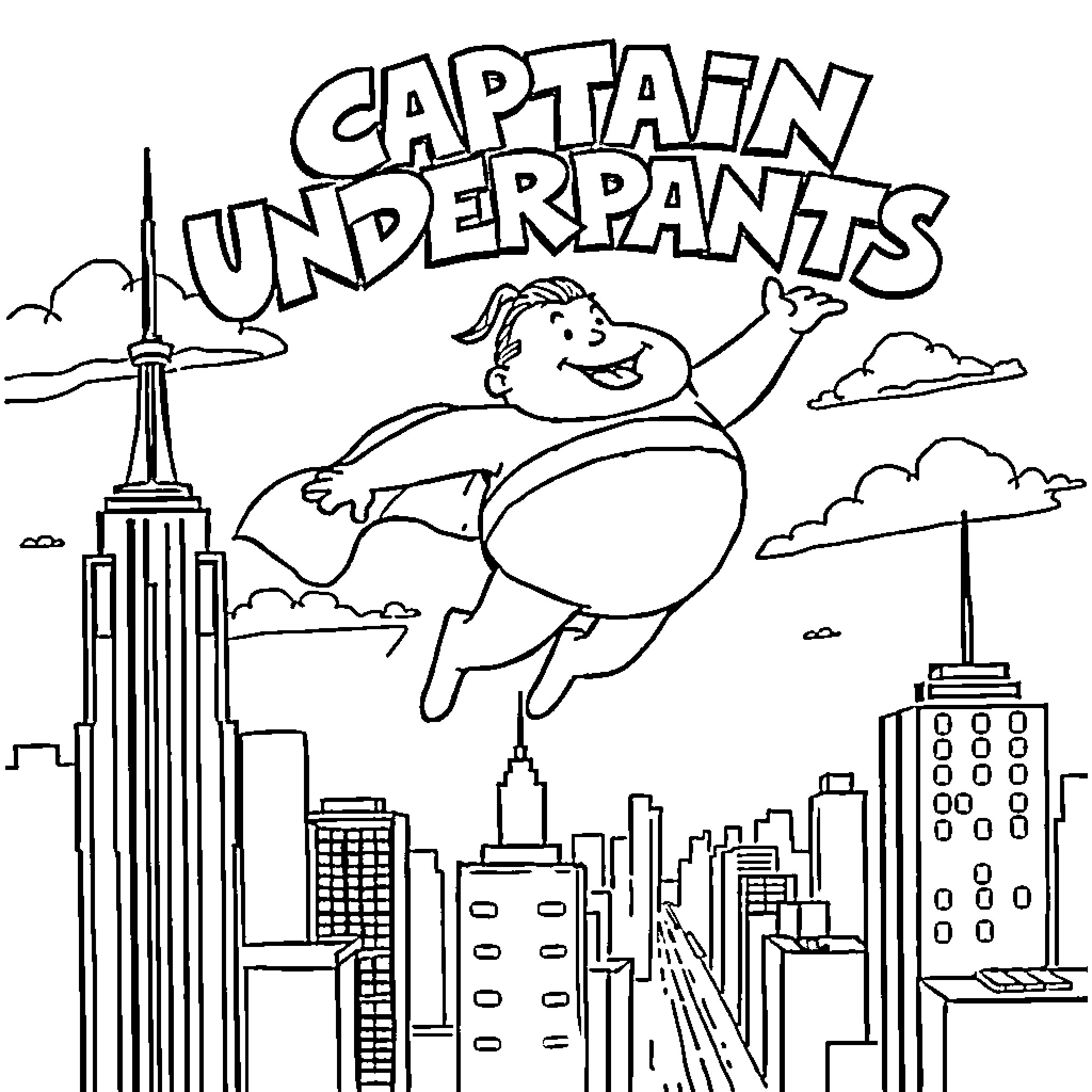 Captain Underpants soars over the city Coloring Page (free black-and-white line drawing printable PDF for all, from beginners to advanced learners, including children, teens, adults, and seniors)