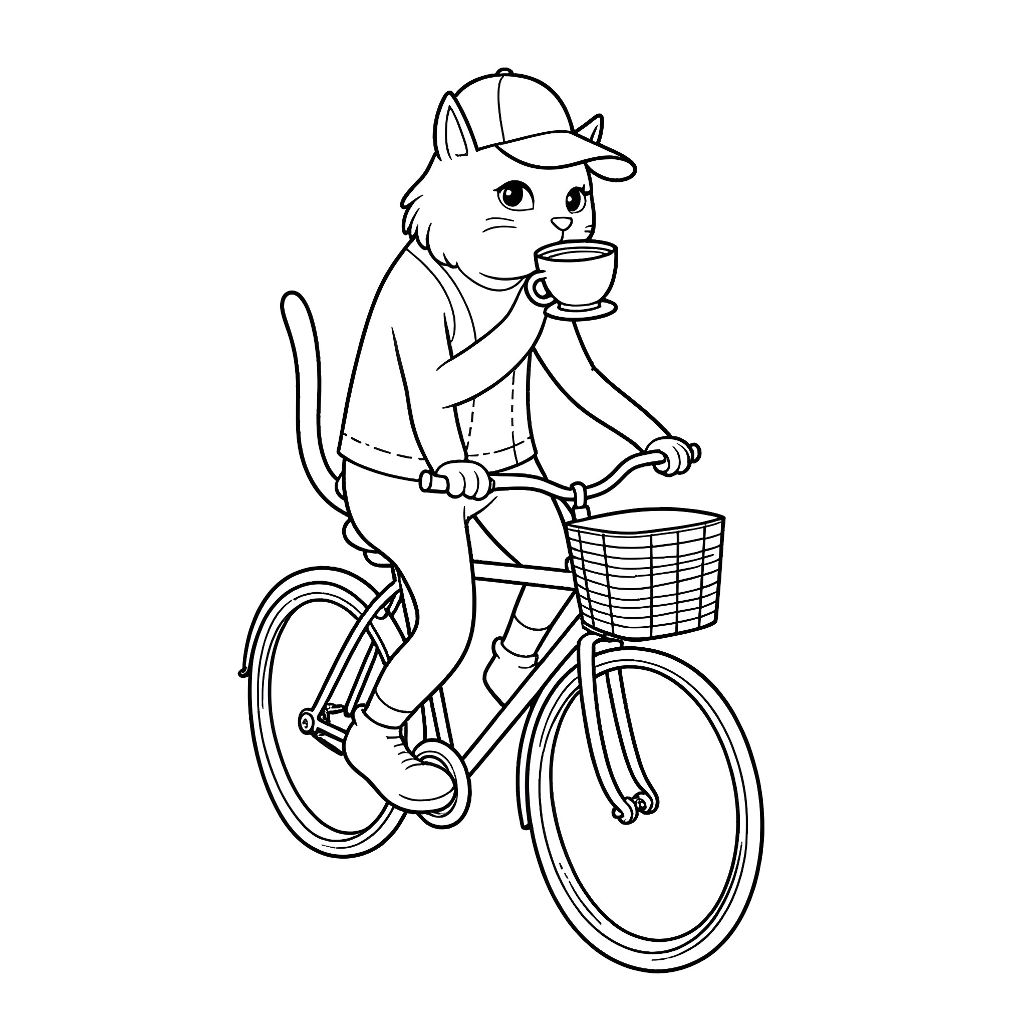 Cat riding a bicycle while drinking a cup Coloring Page (free black-and-white line drawing printable PDF for all, from beginners to advanced learners, including children, teens, adults, and seniors)