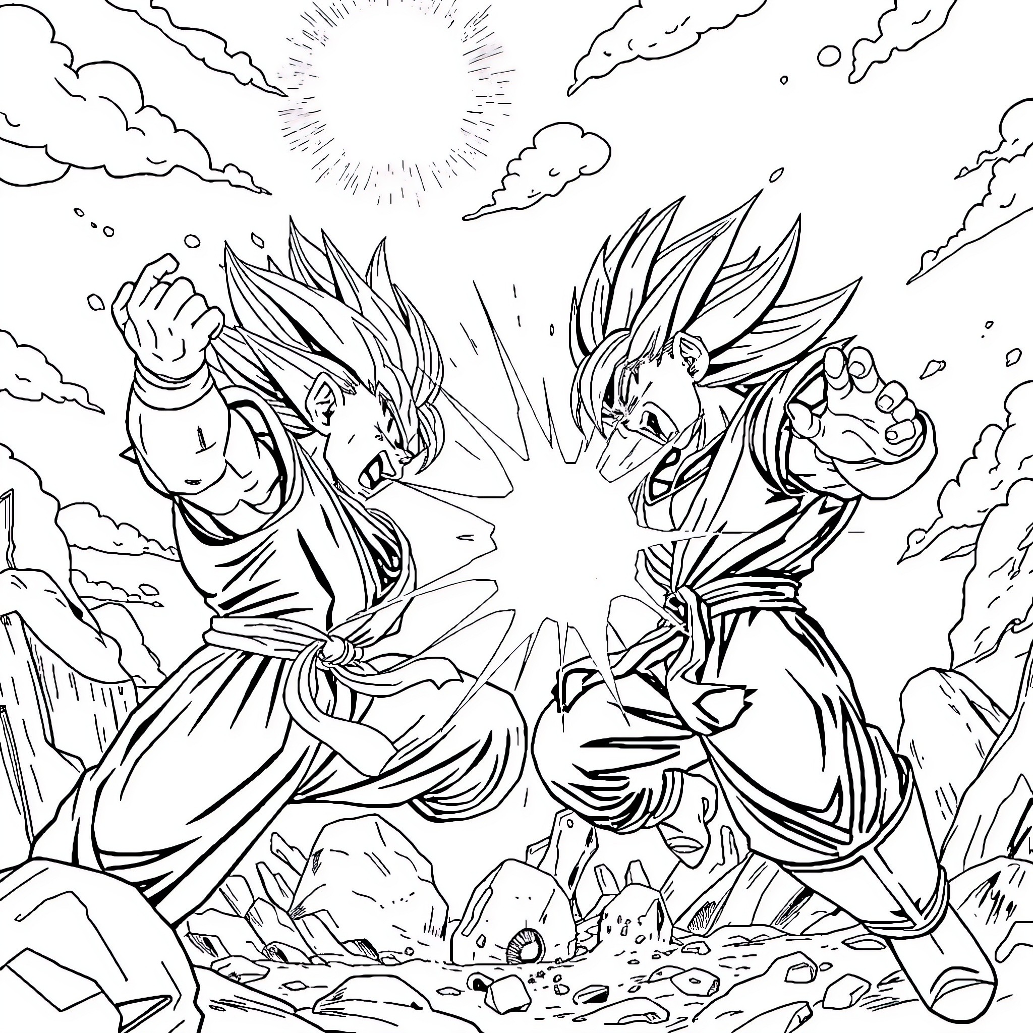Dragon Ball: Intense Battle of Powerful Warriors Coloring Page (free black-and-white line drawing printable PDF for all, from beginners to advanced learners, including children, teens, adults, and seniors)