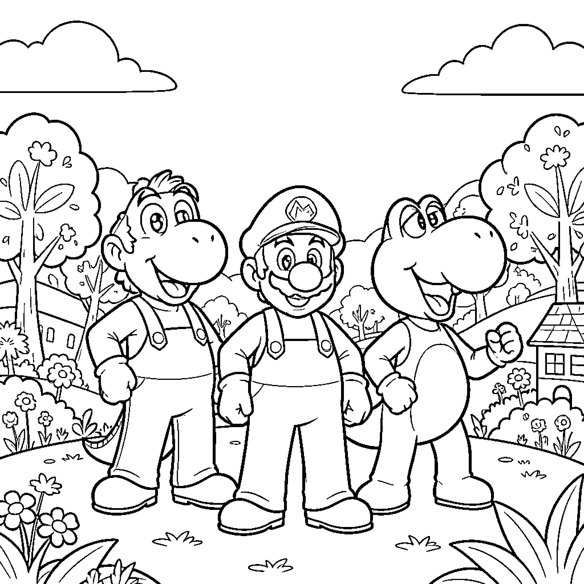 Mario and Yoshi friends explore the garden Coloring Page (free black-and-white line drawing printable PDF for all, from beginners to advanced learners, including children, teens, adults, and seniors)