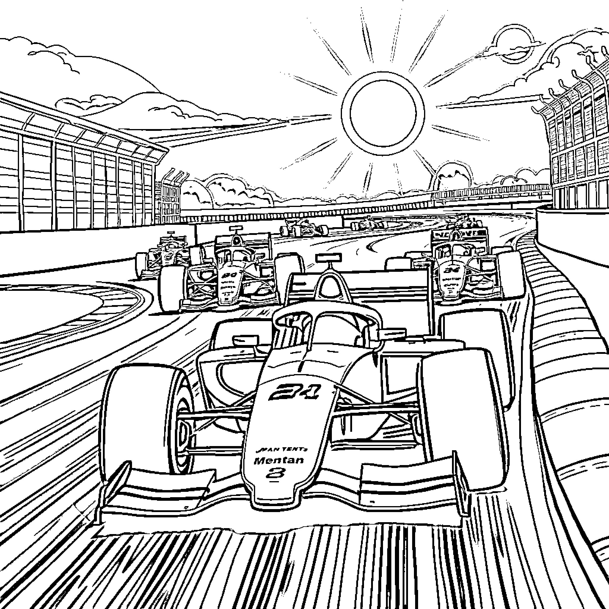Formula 1 Racing Vehicles on Track with Dramatic Sky Coloring Page (free black-and-white line drawing printable PDF for all, from beginners to advanced learners, including children, teens, adults, and seniors)