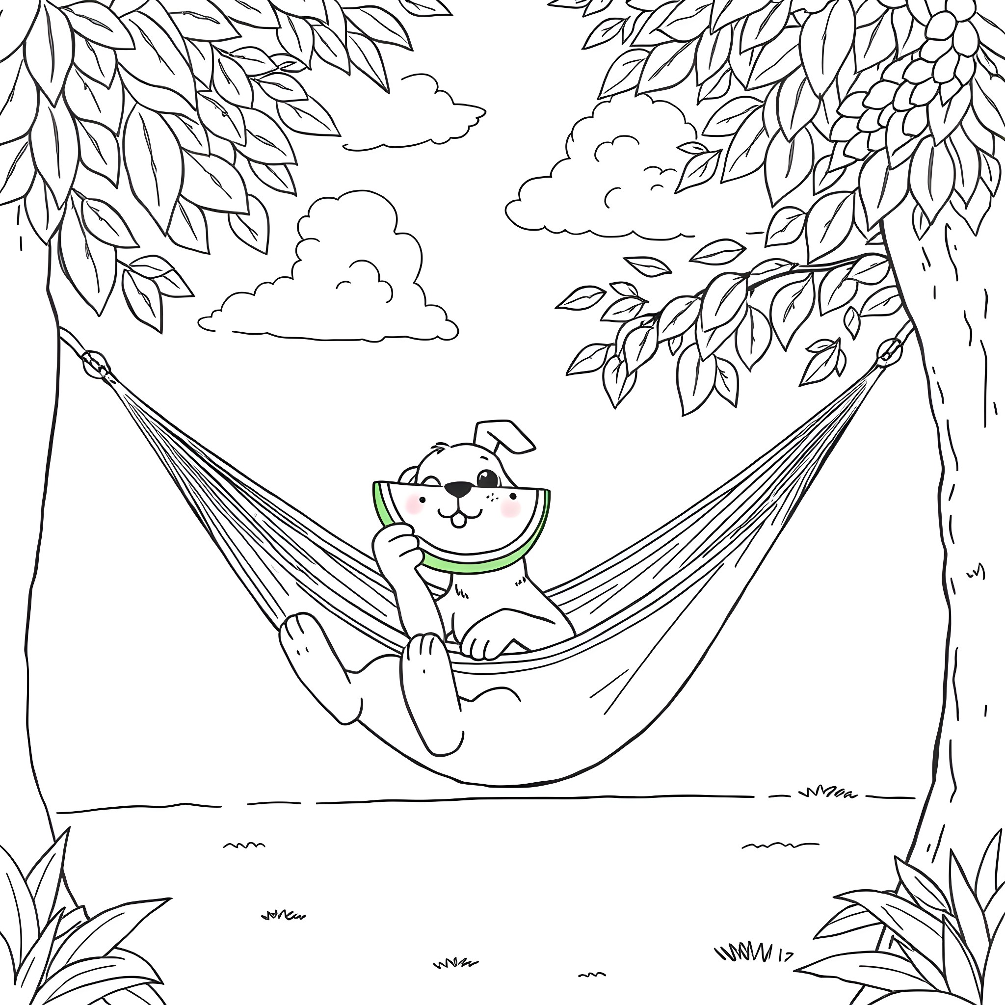 Dog resting comfortably in a hammock under the trees Coloring Page (free black-and-white line drawing printable PDF for all, from beginners to advanced learners, including children, teens, adults, and seniors)
