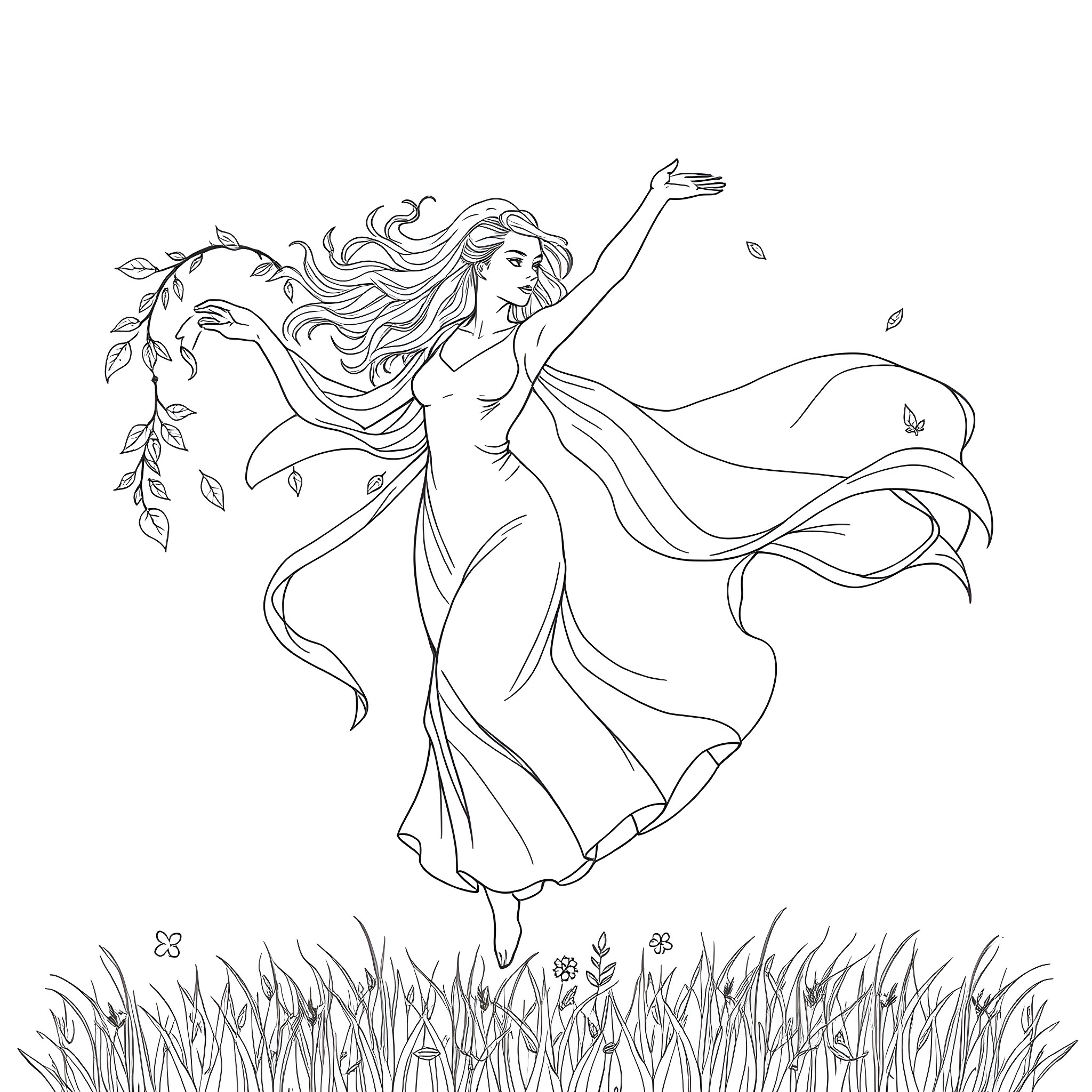 Woman dancing gracefully in nature Coloring Page (free black-and-white line drawing printable PDF for all, from beginners to advanced learners, including children, teens, adults, and seniors)