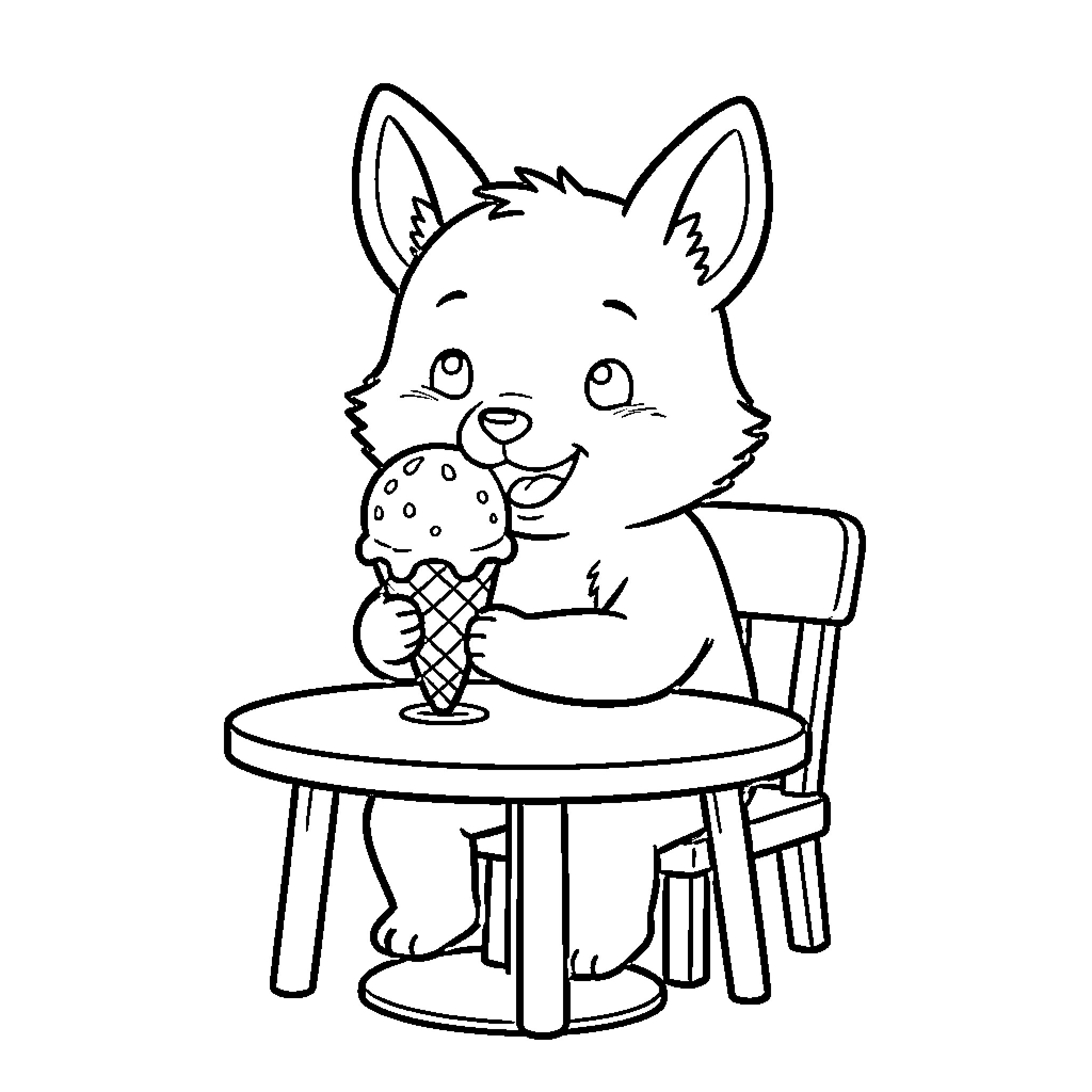 Wolf sitting at a table eating ice cream Coloring Page (free black-and-white line drawing printable PDF for all, from beginners to advanced learners, including children, teens, adults, and seniors)
