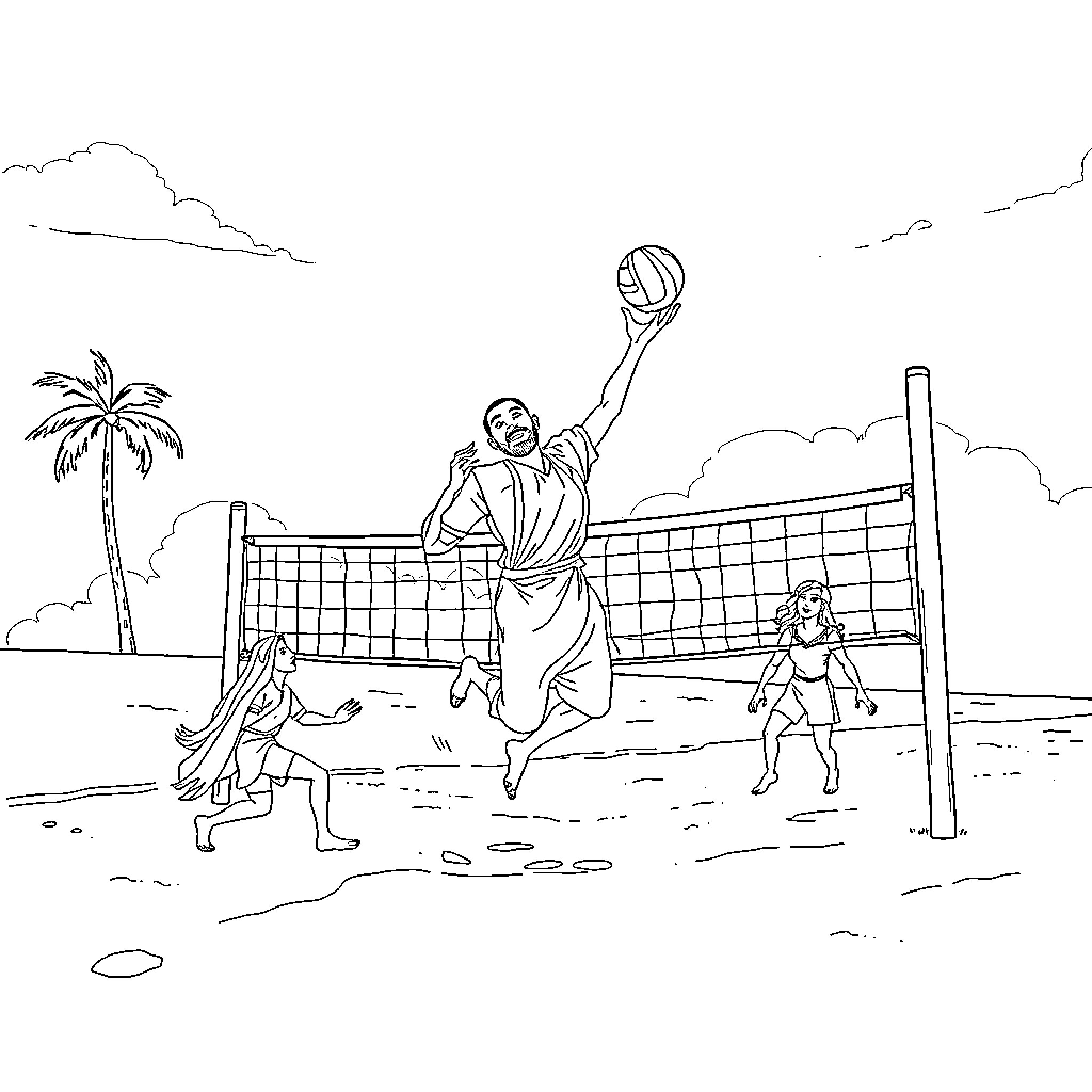 Rumi playing beach volleyball with children Coloring Page (free black-and-white line drawing printable PDF for all, from beginners to advanced learners, including children, teens, adults, and seniors)