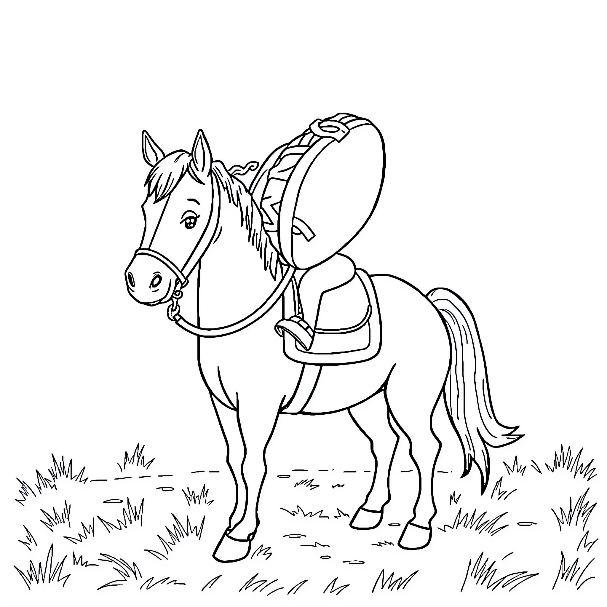 Hotdog riding a saddled horse in the field Coloring Page (free black-and-white line drawing printable PDF for all, from beginners to advanced learners, including children, teens, adults, and seniors)