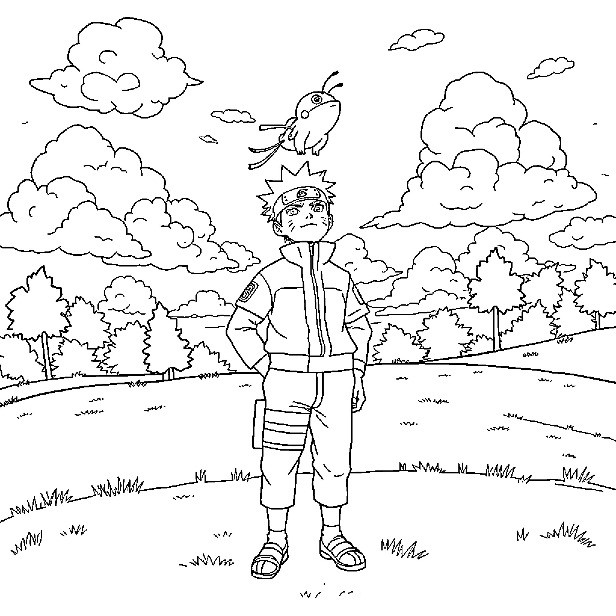 Naruto character in a nature landscape Coloring Page (free black-and-white line drawing printable PDF for all, from beginners to advanced learners, including children, teens, adults, and seniors)