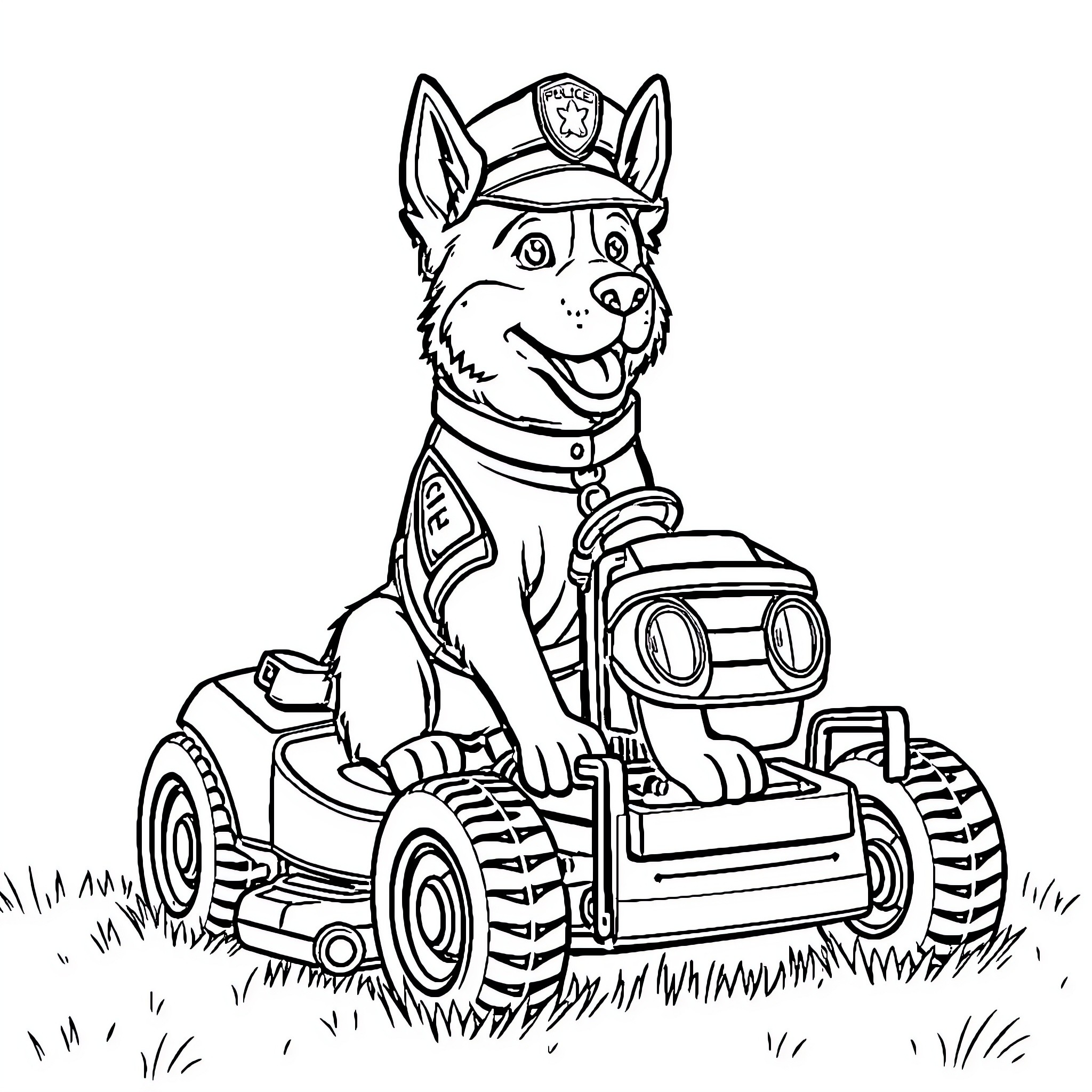 Police Dog Riding Lawnmower Coloring Page (free black-and-white line drawing printable PDF for all, from beginners to advanced learners, including children, teens, adults, and seniors)