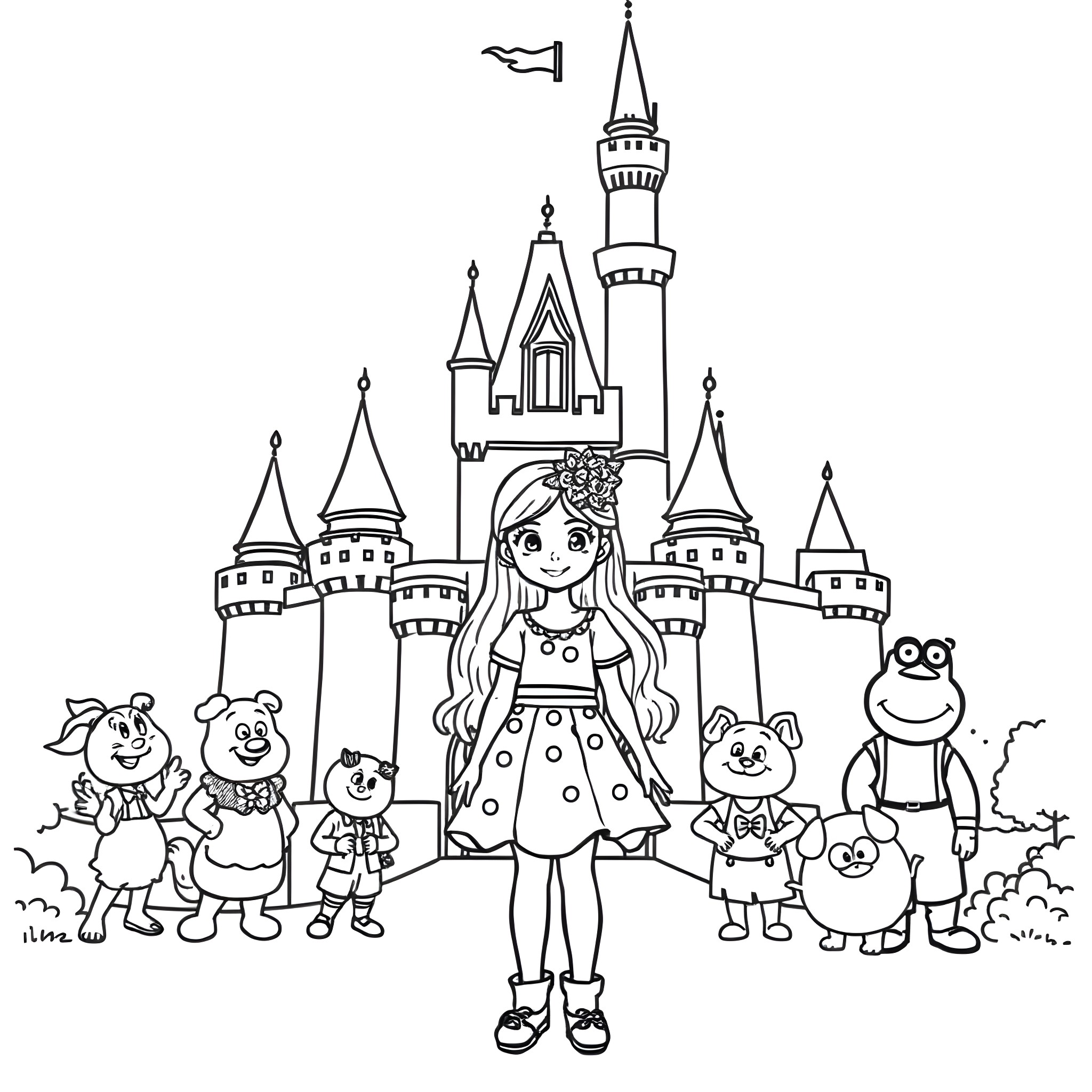 Luna Mia with Fairy Tale Characters in Front of Enchanted Castle Coloring Page (free black-and-white line drawing printable PDF for all, from beginners to advanced learners, including children, teens, adults, and seniors)