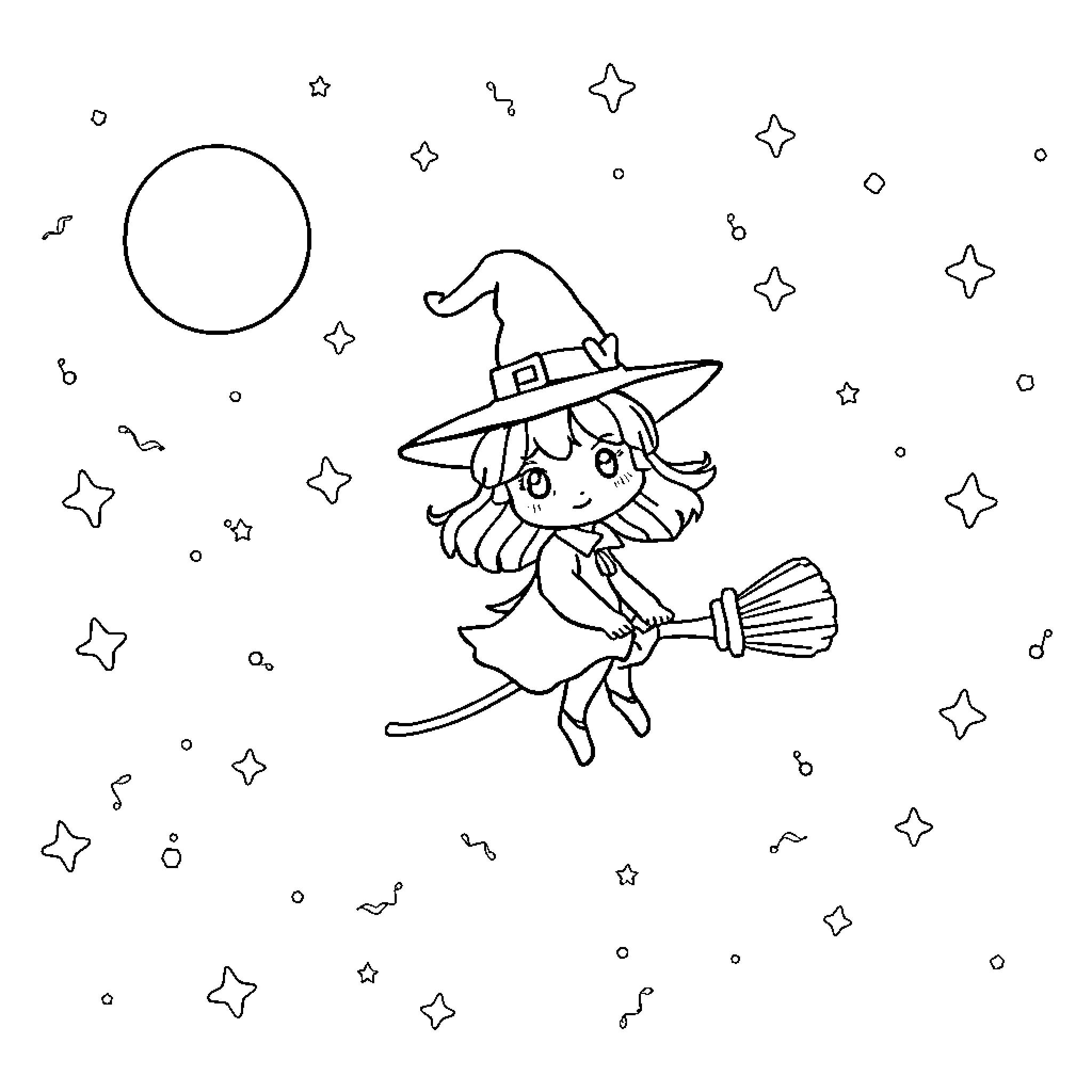 Witch flying on broom with stars in night sky Coloring Page (free black-and-white line drawing printable PDF for all, from beginners to advanced learners, including children, teens, adults, and seniors)