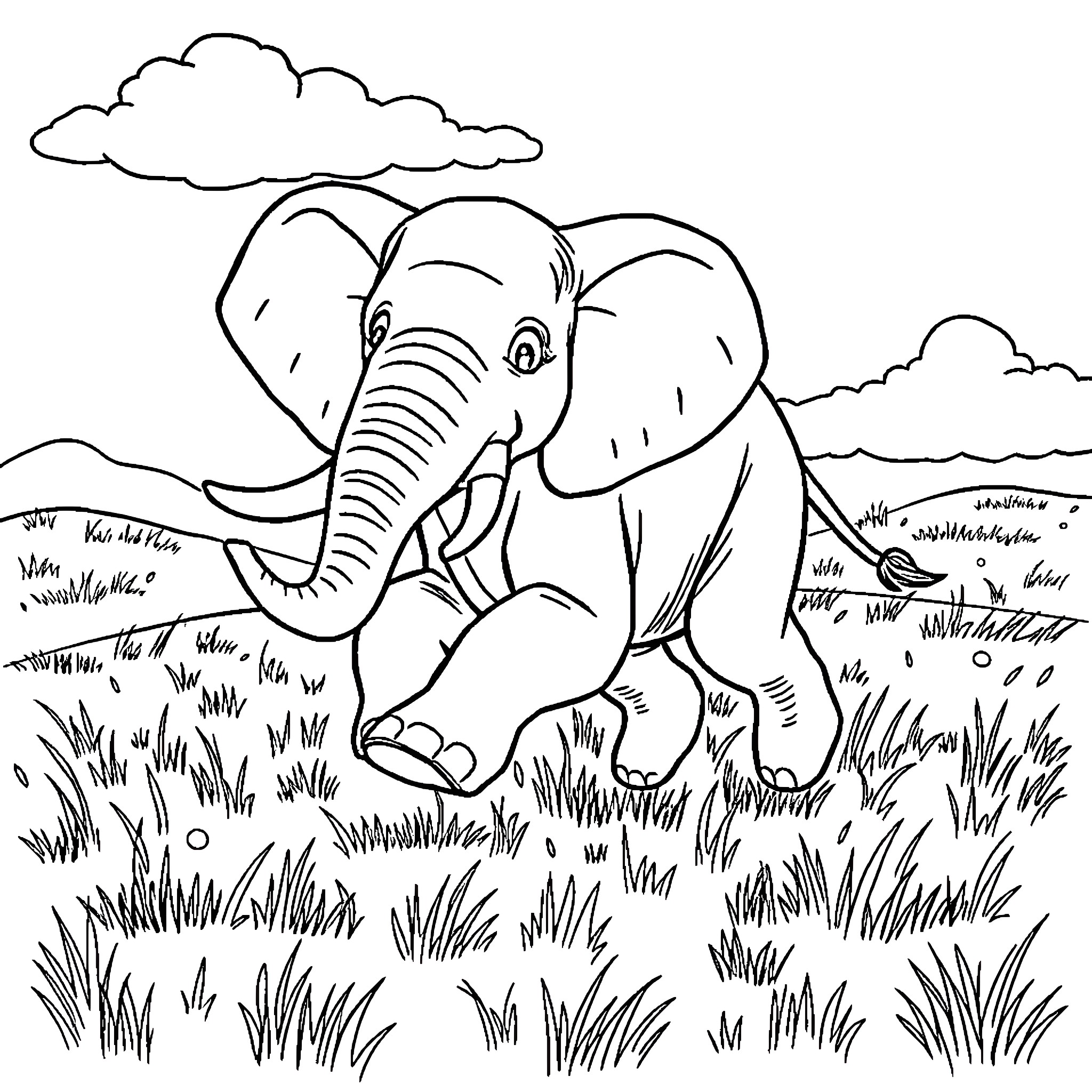 Elephant walking through grassy field Coloring Page (free black-and-white line drawing printable PDF for all, from beginners to advanced learners, including children, teens, adults, and seniors)