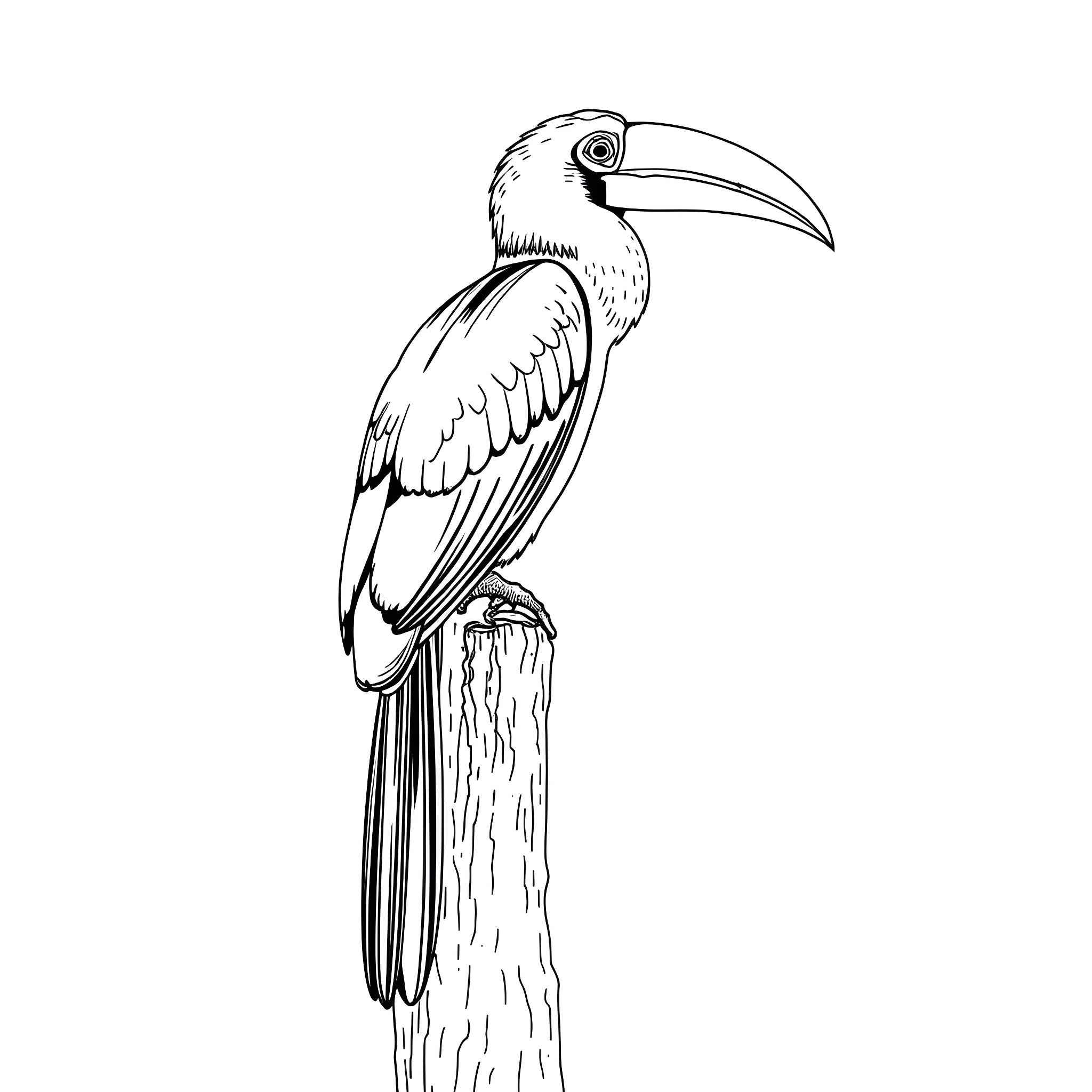 Toucanet perched on a branch Coloring Page (free black-and-white line drawing printable PDF for all, from beginners to advanced learners, including children, teens, adults, and seniors)
