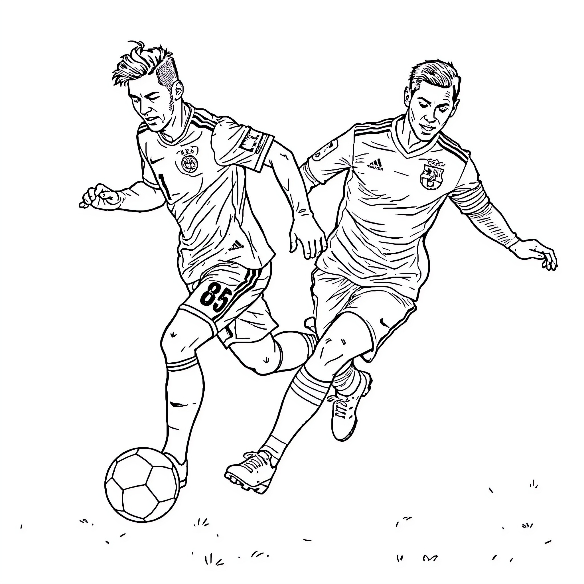 Football Players Competing on the Field Coloring Page (free black-and-white line drawing printable PDF for all, from beginners to advanced learners, including children, teens, adults, and seniors)