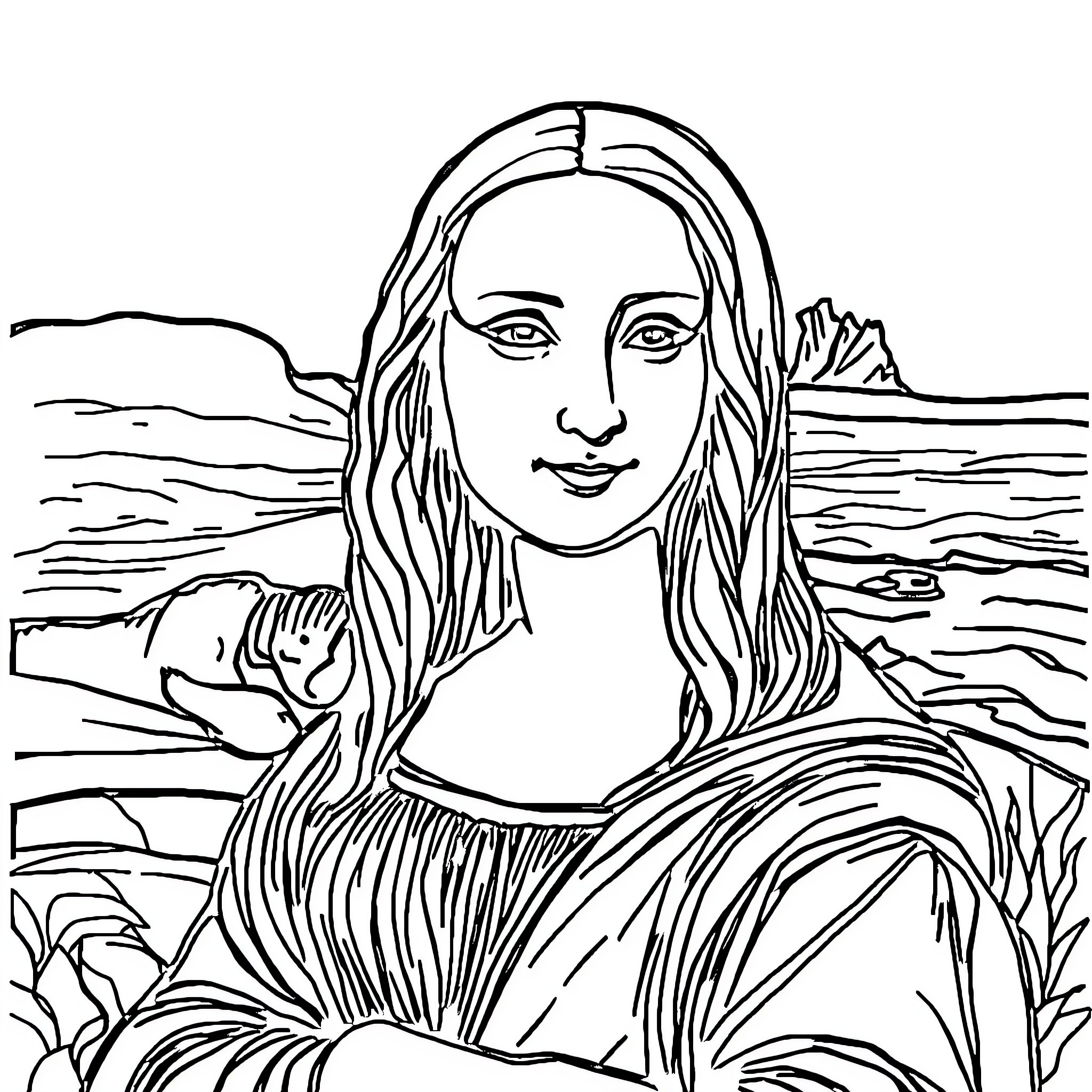 Mona Lisa in a Serene Landscape Coloring Page (free black-and-white line drawing printable PDF for all, from beginners to advanced learners, including children, teens, adults, and seniors)
