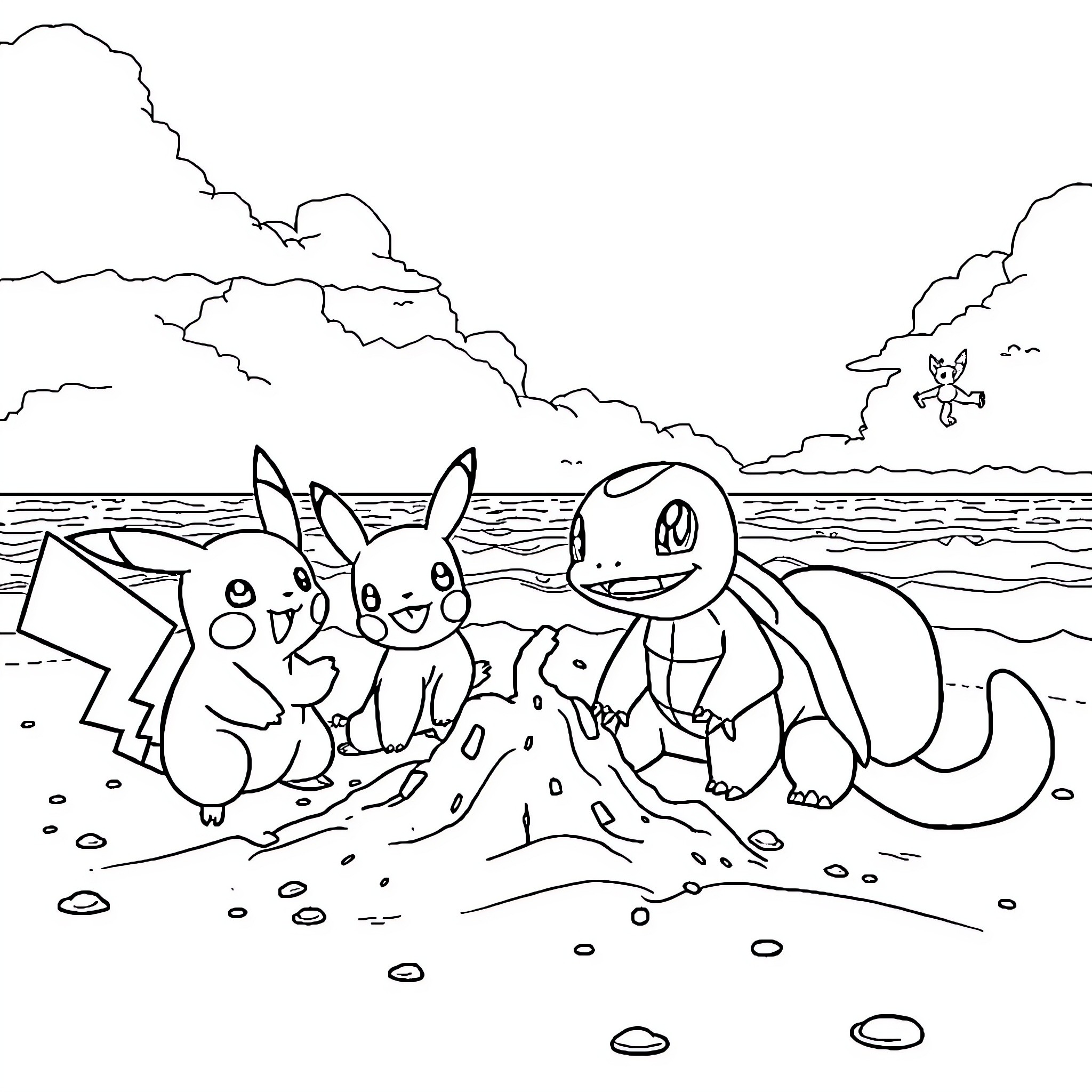 Pokémon characters playing on the beach Coloring Page (free black-and-white line drawing printable PDF for all, from beginners to advanced learners, including children, teens, adults, and seniors)