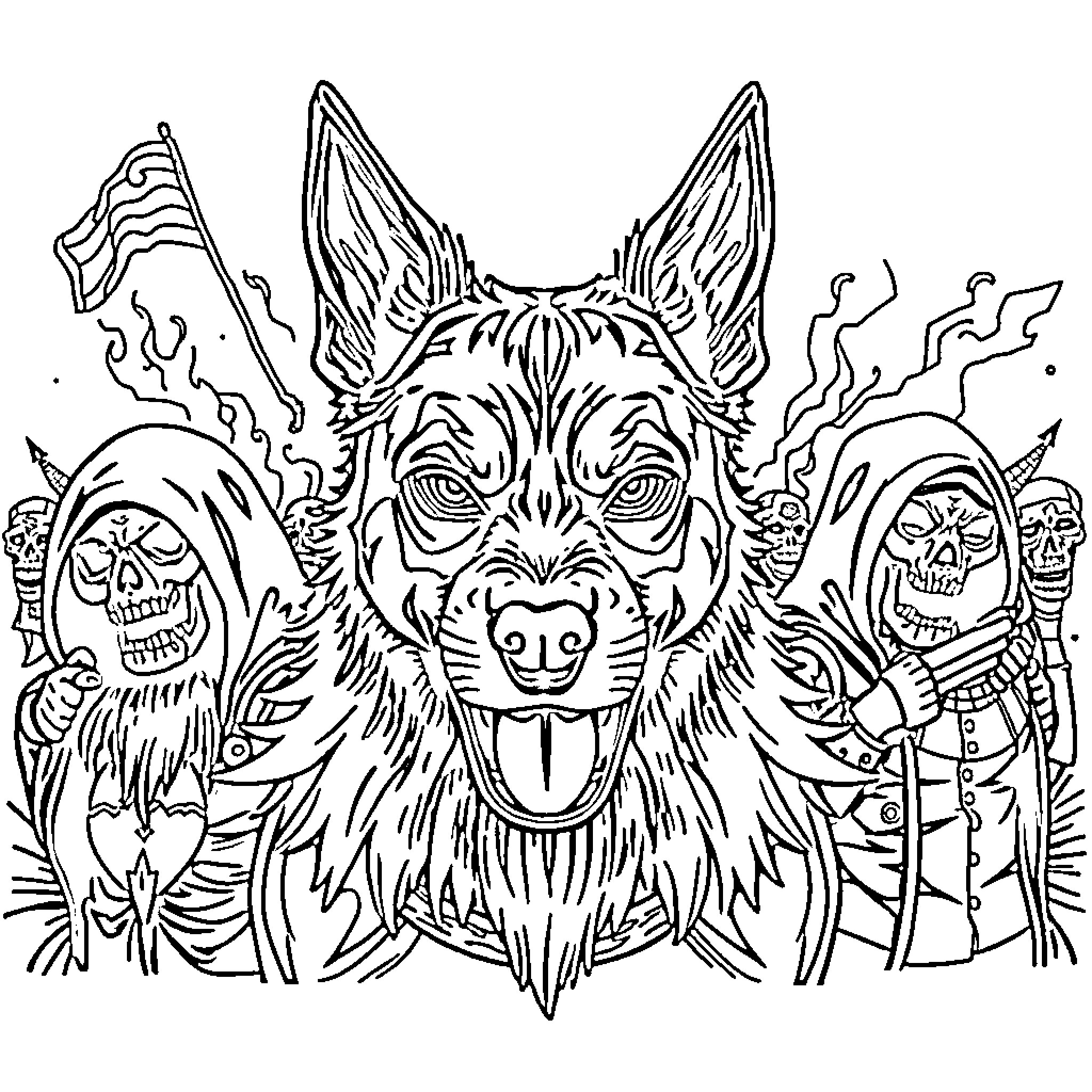 Mongrel's Nightmarish Encounter with Skulls and Spirits Coloring Page (free black-and-white line drawing printable PDF for all, from beginners to advanced learners, including children, teens, adults, and seniors)