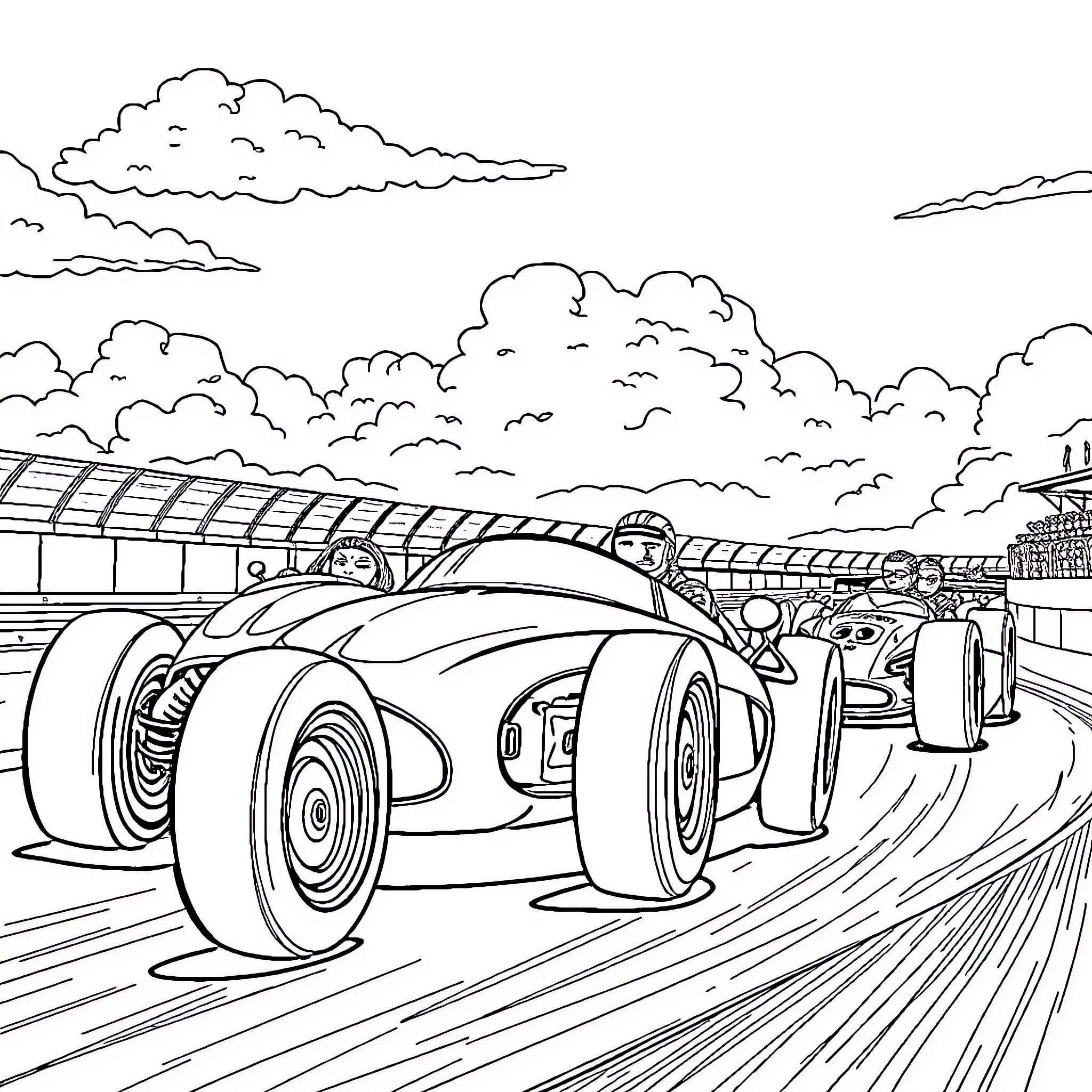 Race Car Speeding on Racetrack with Spectators Coloring Page (free black-and-white line drawing printable PDF for all, from beginners to advanced learners, including children, teens, adults, and seniors)