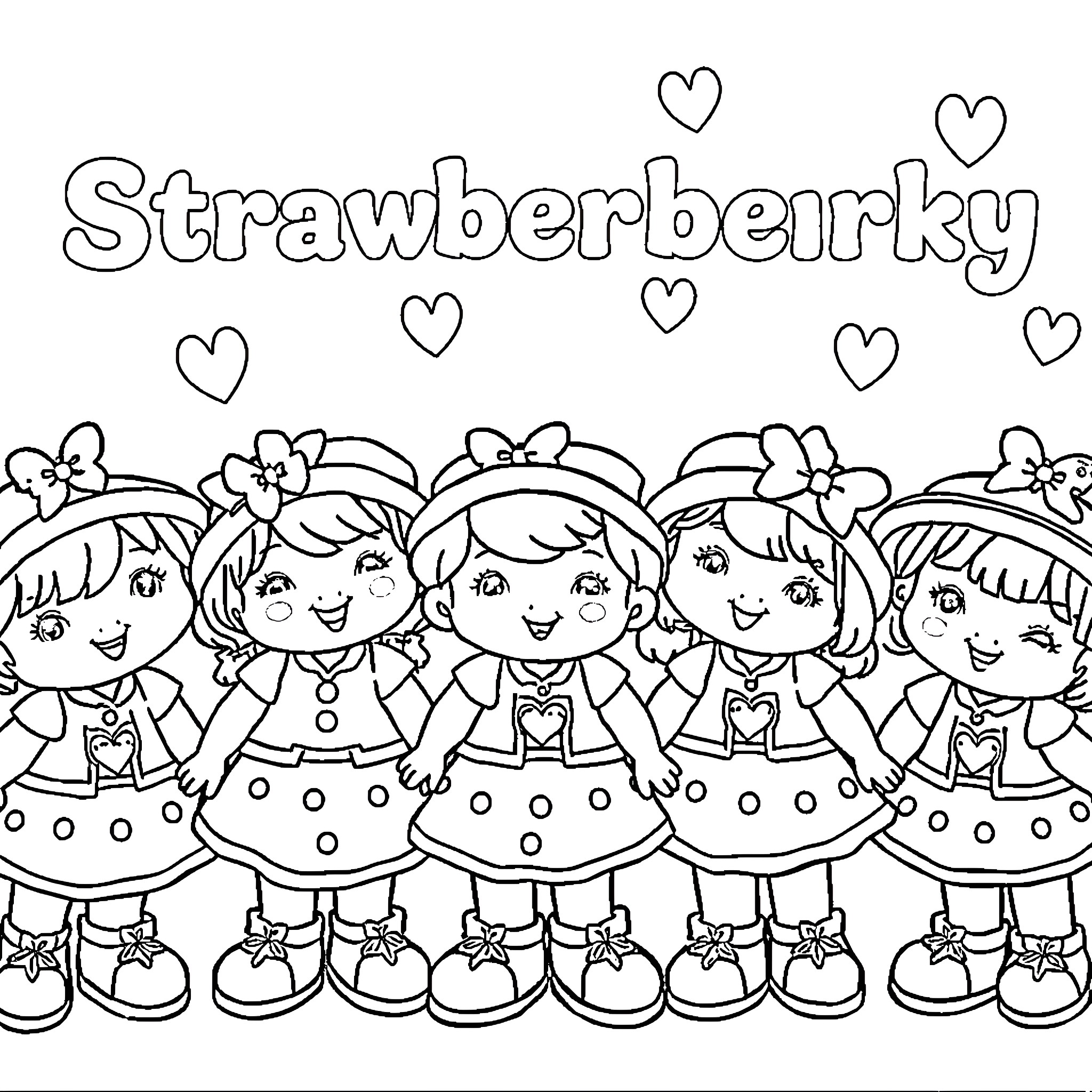 Strawberry Shortcake girls with smiles and flowers Coloring Page (free black-and-white line drawing printable PDF for all, from beginners to advanced learners, including children, teens, adults, and seniors)