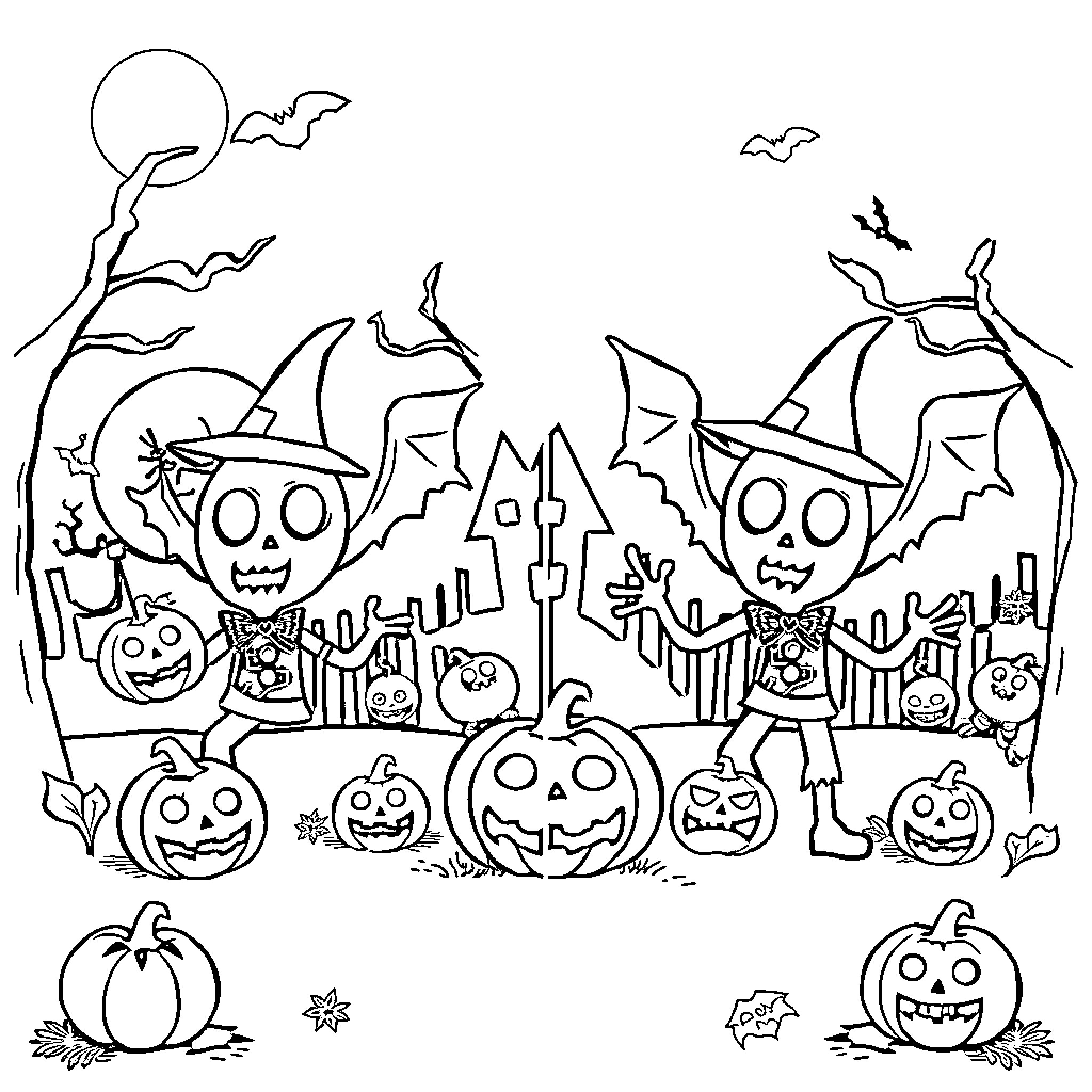 Halloween characters in spooky landscape Coloring Page (free black-and-white line drawing printable PDF for all, from beginners to advanced learners, including children, teens, adults, and seniors)