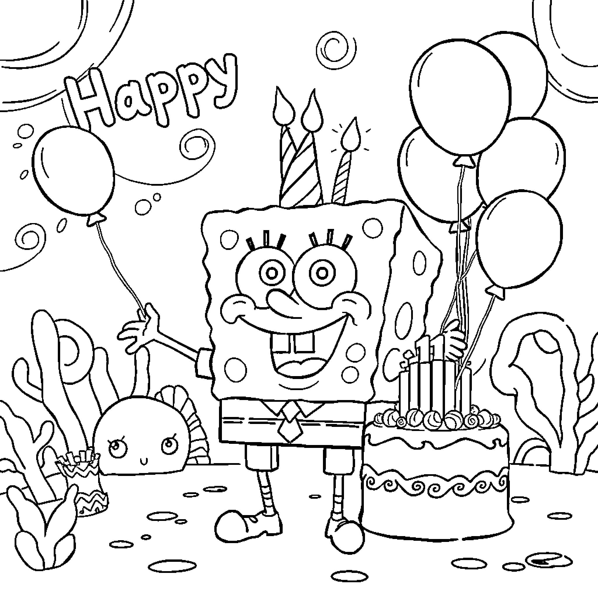 Spongebob celebrating his birthday joyfully Coloring Page (free black-and-white line drawing printable PDF for all, from beginners to advanced learners, including children, teens, adults, and seniors)