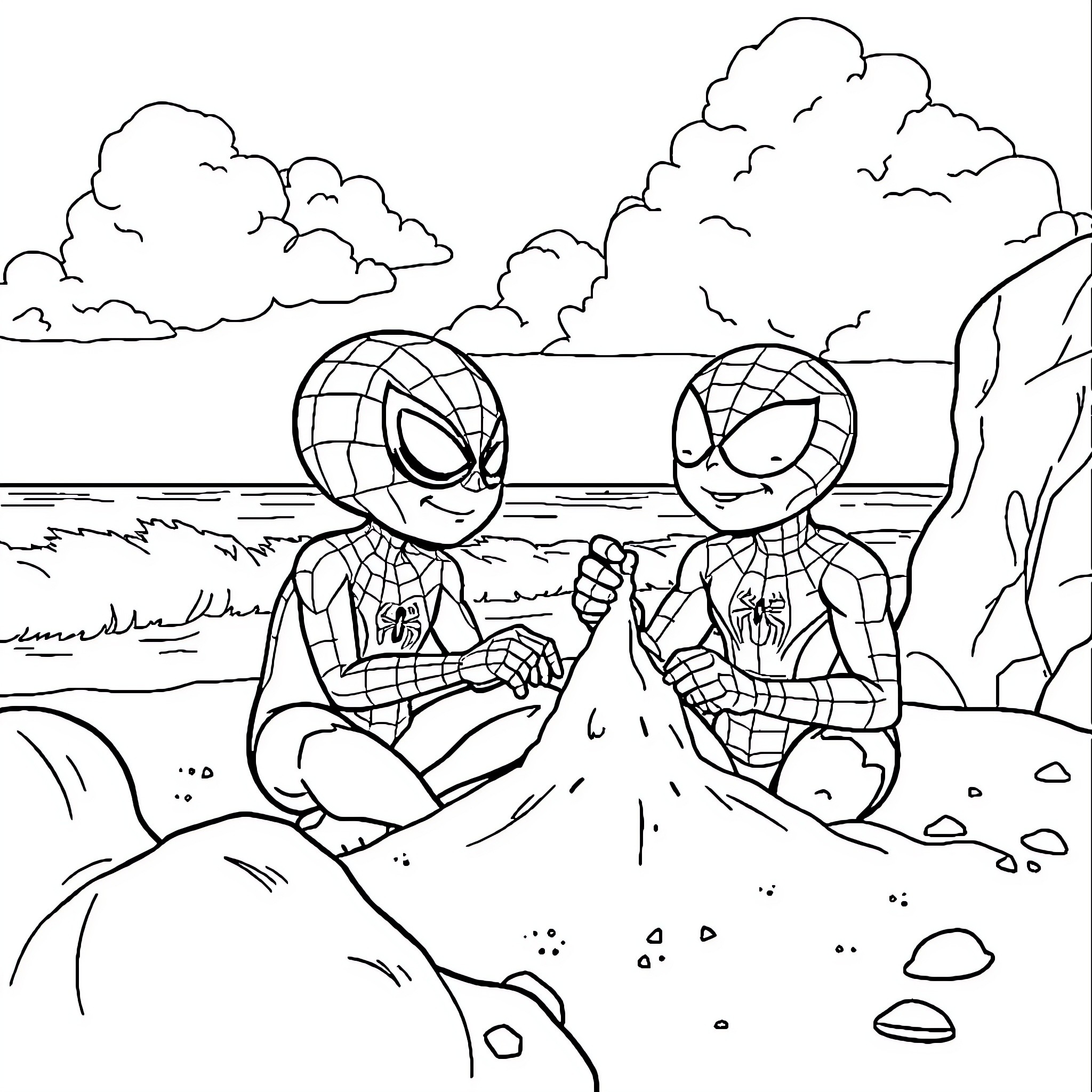 Spider friends enjoying scenic nature together Coloring Page (free black-and-white line drawing printable PDF for all, from beginners to advanced learners, including children, teens, adults, and seniors)