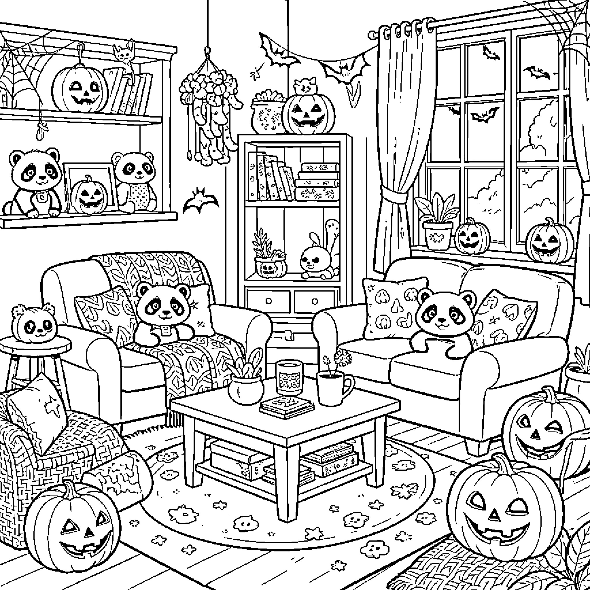 Red Panda enjoying a cozy Halloween living room scene Coloring Page (free black-and-white line drawing printable PDF for all, from beginners to advanced learners, including children, teens, adults, and seniors)