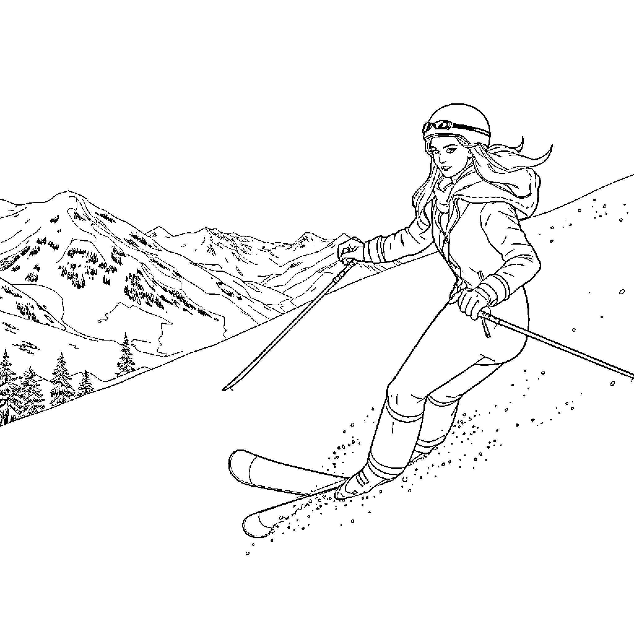 Woman skiing down a snowy mountain slope Coloring Page (free black-and-white line drawing printable PDF for all, from beginners to advanced learners, including children, teens, adults, and seniors)