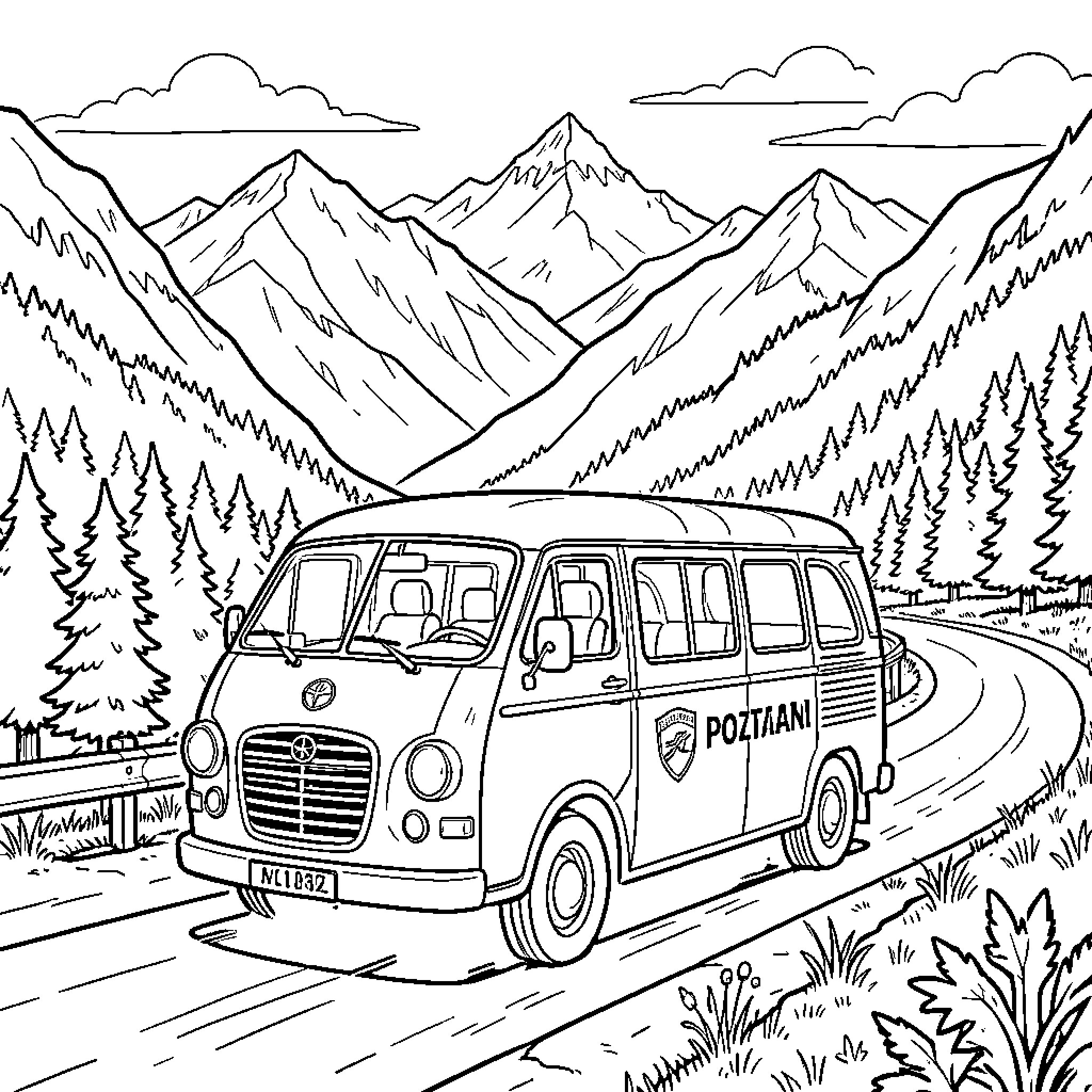 Car driving along a scenic mountain road Coloring Page (free black-and-white line drawing printable PDF for all, from beginners to advanced learners, including children, teens, adults, and seniors)