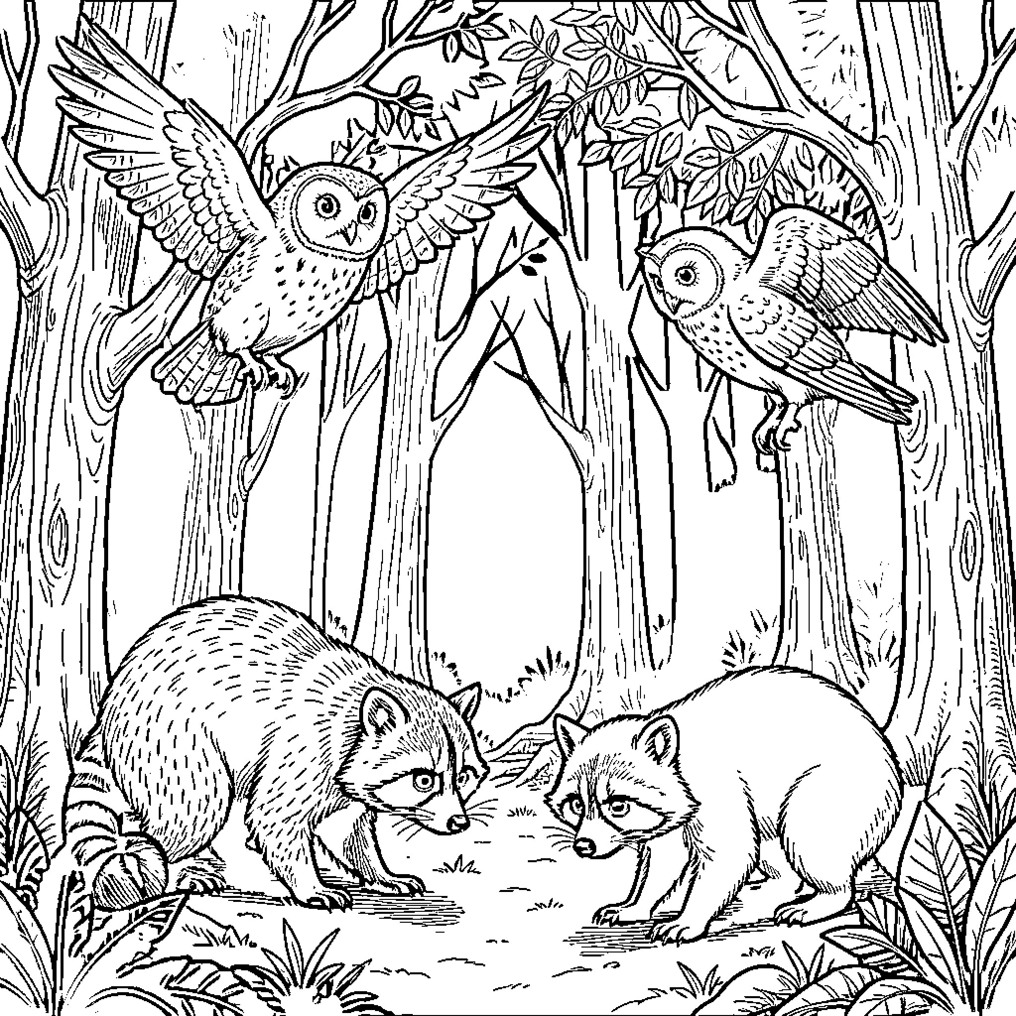 Nocturnal Animals Exploring the Enchanted Forest Coloring Page (free black-and-white line drawing printable PDF for all, from beginners to advanced learners, including children, teens, adults, and seniors)