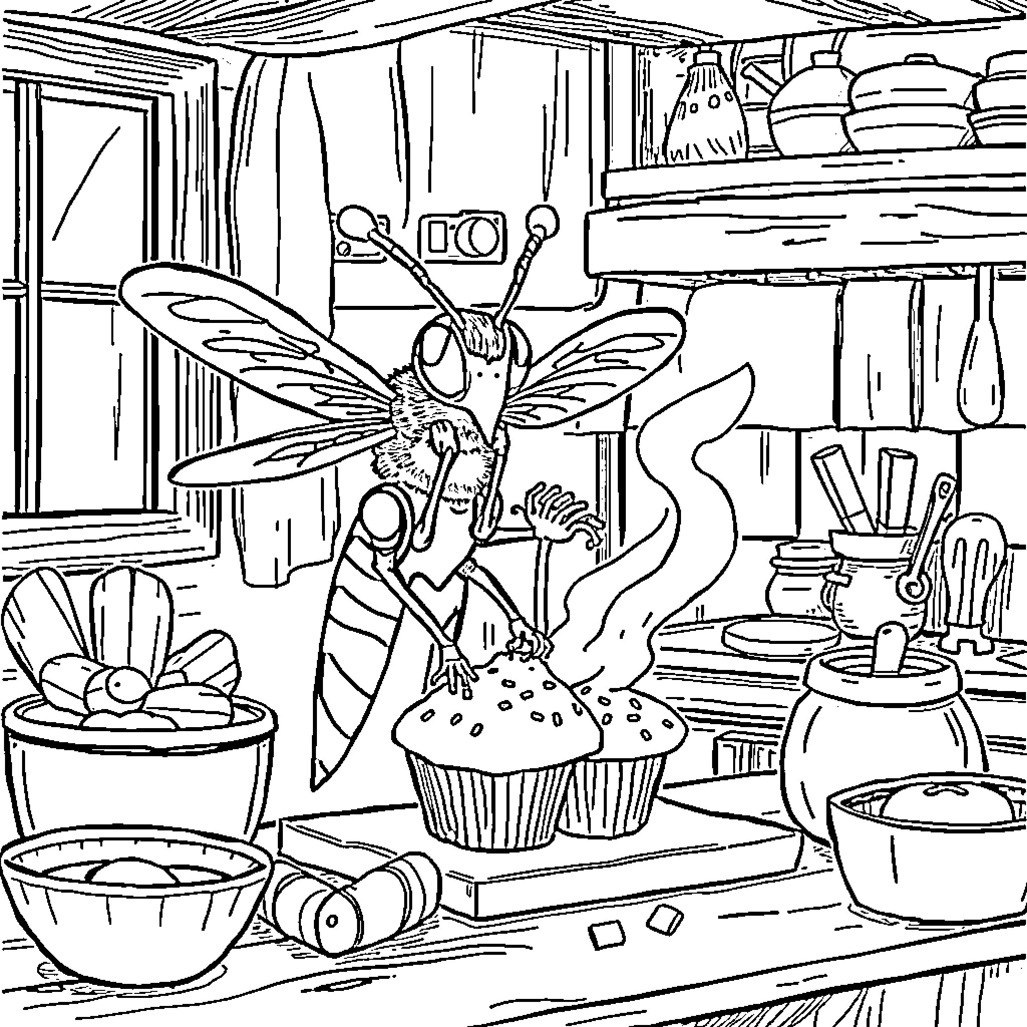 Hornet preparing treats in a cozy kitchen Coloring Page (free black-and-white line drawing printable PDF for all, from beginners to advanced learners, including children, teens, adults, and seniors)