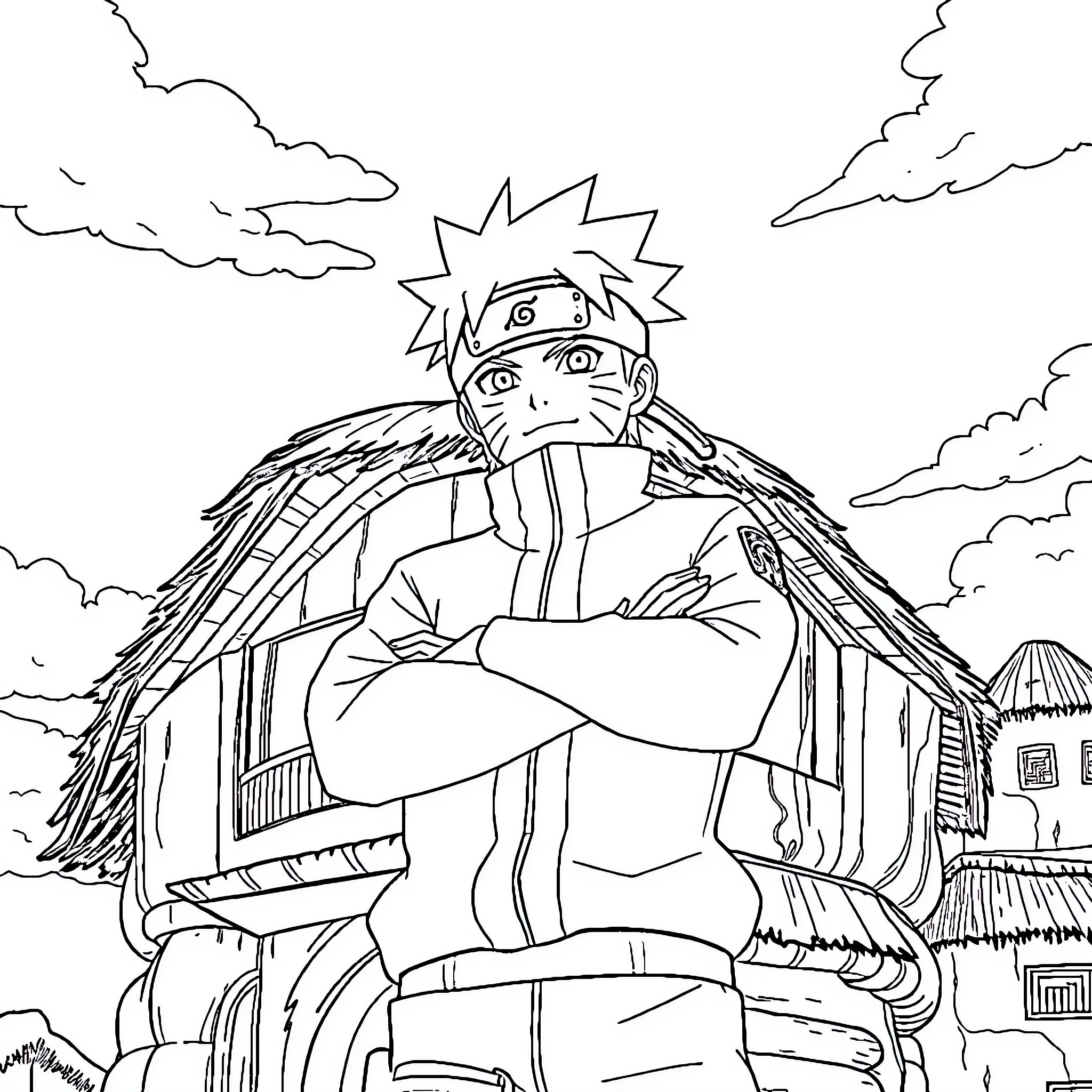 Naruto in contemplative pose amid clouds and huts Coloring Page (free black-and-white line drawing printable PDF for all, from beginners to advanced learners, including children, teens, adults, and seniors)