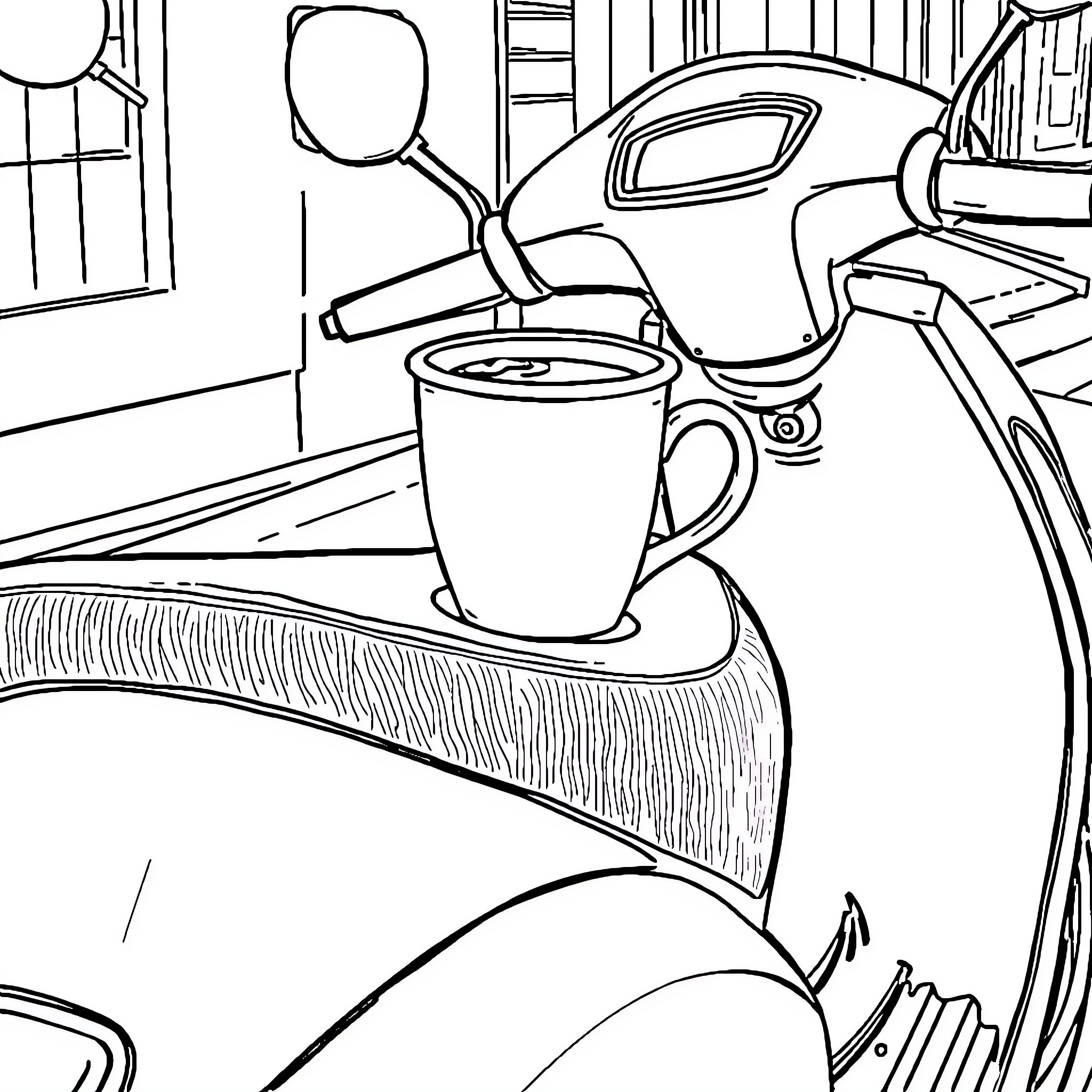 Moped with coffee preparing in a cafe Coloring Page (free black-and-white line drawing printable PDF for all, from beginners to advanced learners, including children, teens, adults, and seniors)