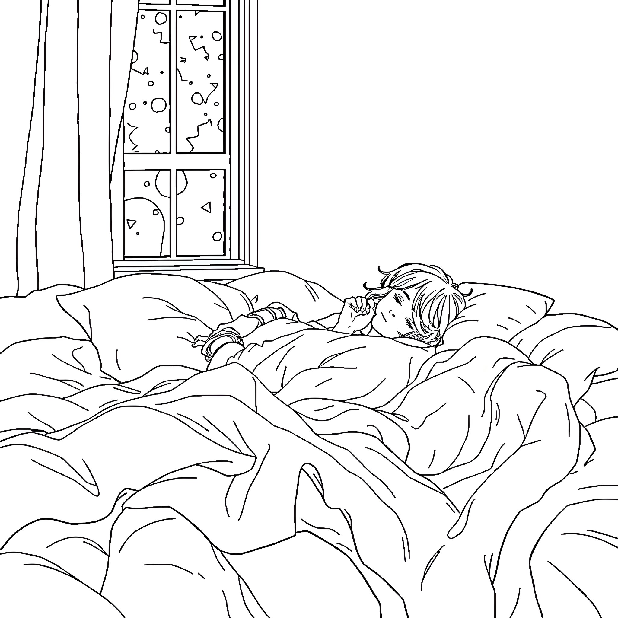 Girl sleeping peacefully in her bed Coloring Page (free black-and-white line drawing printable PDF for all, from beginners to advanced learners, including children, teens, adults, and seniors)