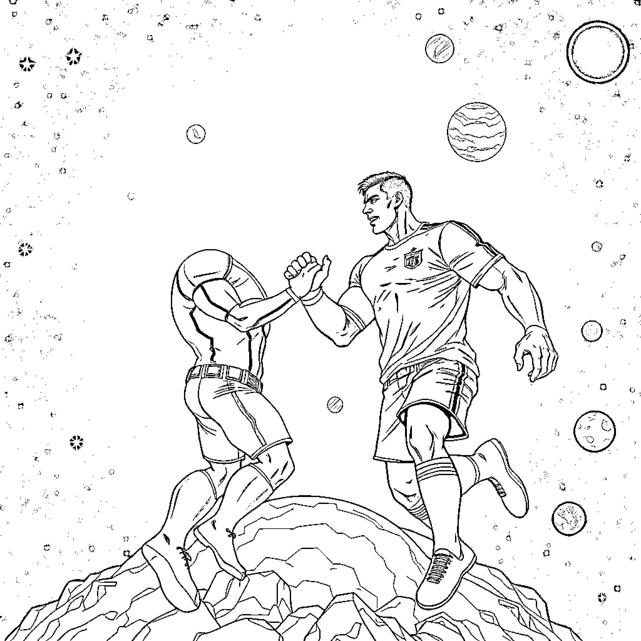 Hulk Battling Alien in Outer Space Landscape Coloring Page (free black-and-white line drawing printable PDF for all, from beginners to advanced learners, including children, teens, adults, and seniors)