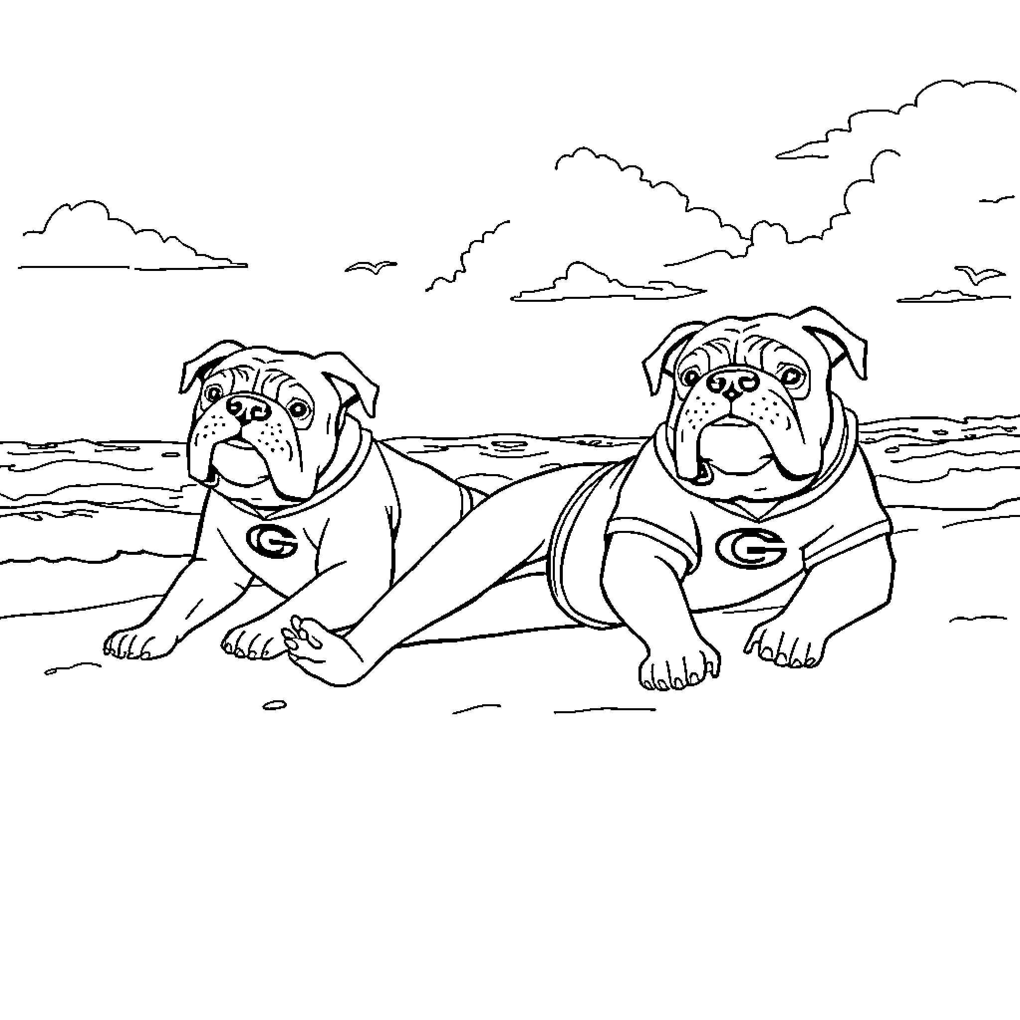Bulldogs relaxing on the beach Coloring Page (free black-and-white line drawing printable PDF for all, from beginners to advanced learners, including children, teens, adults, and seniors)