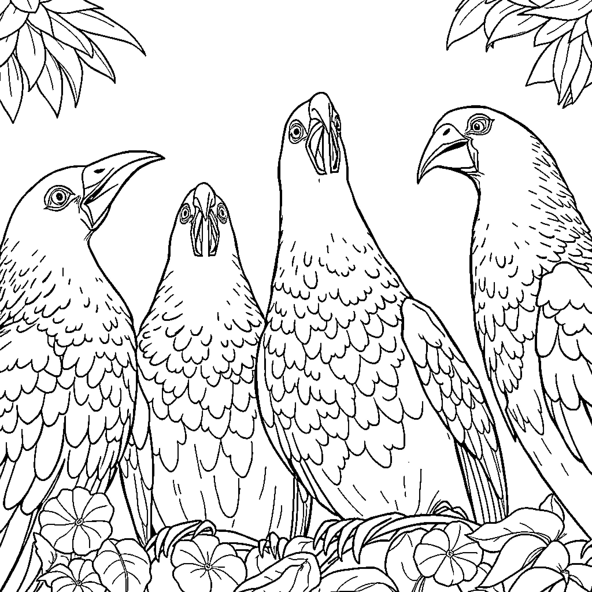 Pavo Real: A Gathering of Tropical Birds Coloring Page (free black-and-white line drawing printable PDF for all, from beginners to advanced learners, including children, teens, adults, and seniors)