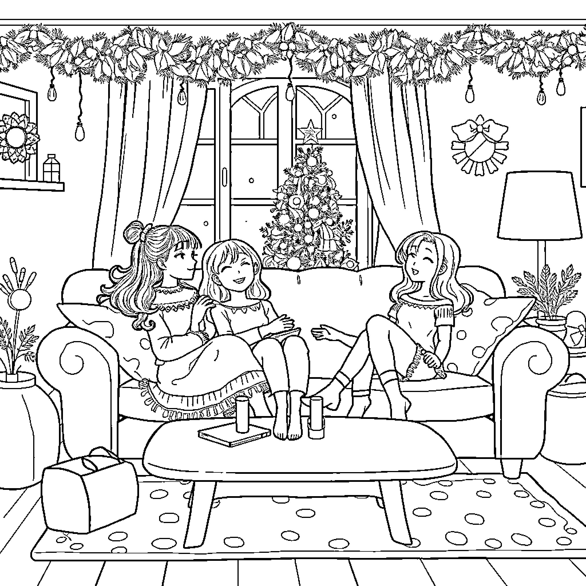 Sisters Enjoying Christmas Together at Home Coloring Page (free black-and-white line drawing printable PDF for all, from beginners to advanced learners, including children, teens, adults, and seniors)