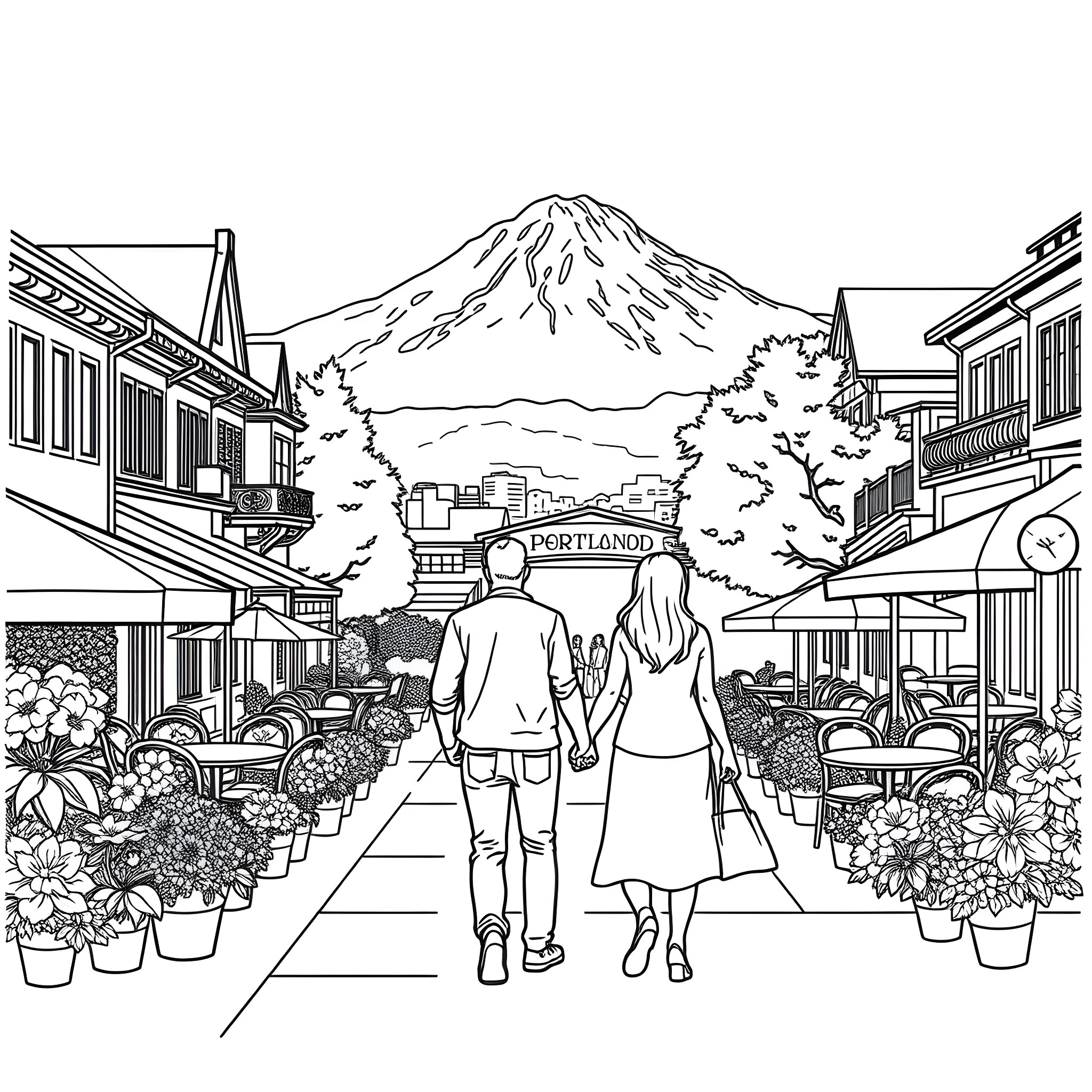 Couple strolling through a scenic street market Coloring Page (free black-and-white line drawing printable PDF for all, from beginners to advanced learners, including children, teens, adults, and seniors)