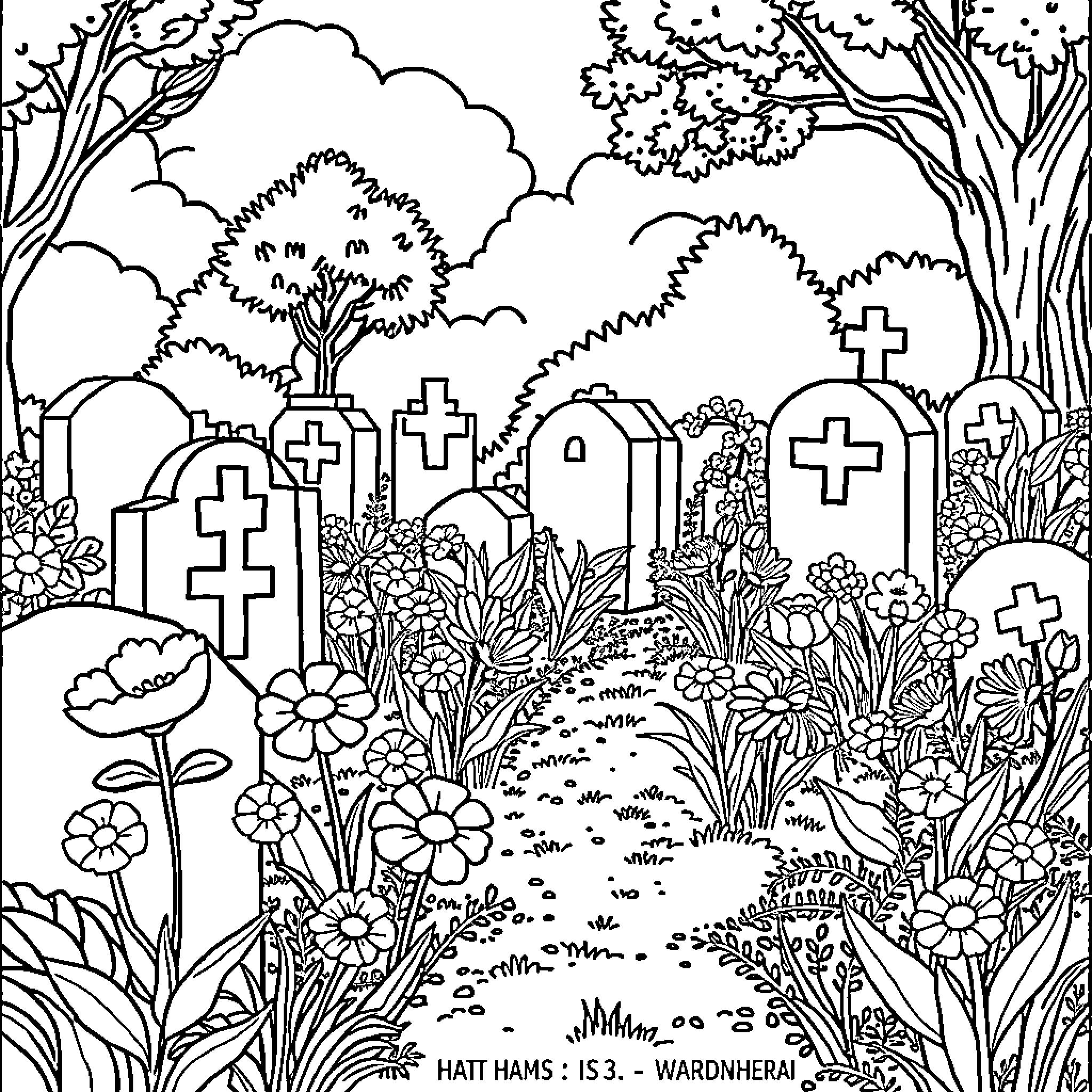 Grave scenes with flowers and crosses in a tranquil garden Coloring Page (free black-and-white line drawing printable PDF for all, from beginners to advanced learners, including children, teens, adults, and seniors)