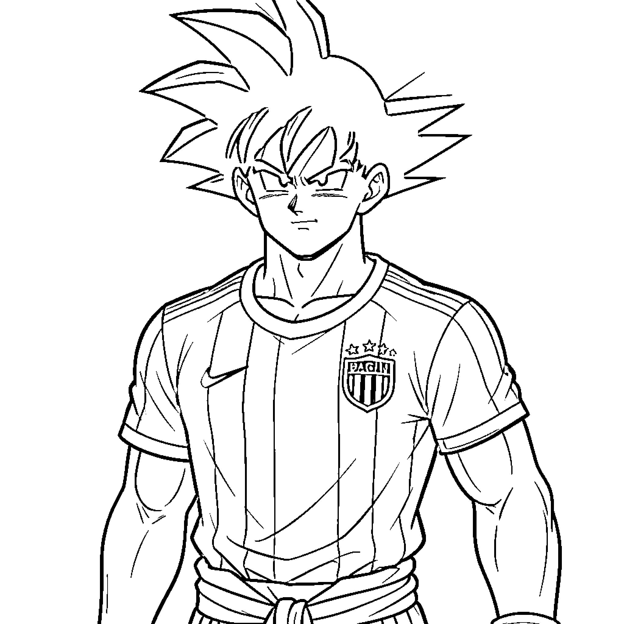 Goku in Soccer Uniform with Determined Expression Coloring Page (free black-and-white line drawing printable PDF for all, from beginners to advanced learners, including children, teens, adults, and seniors)