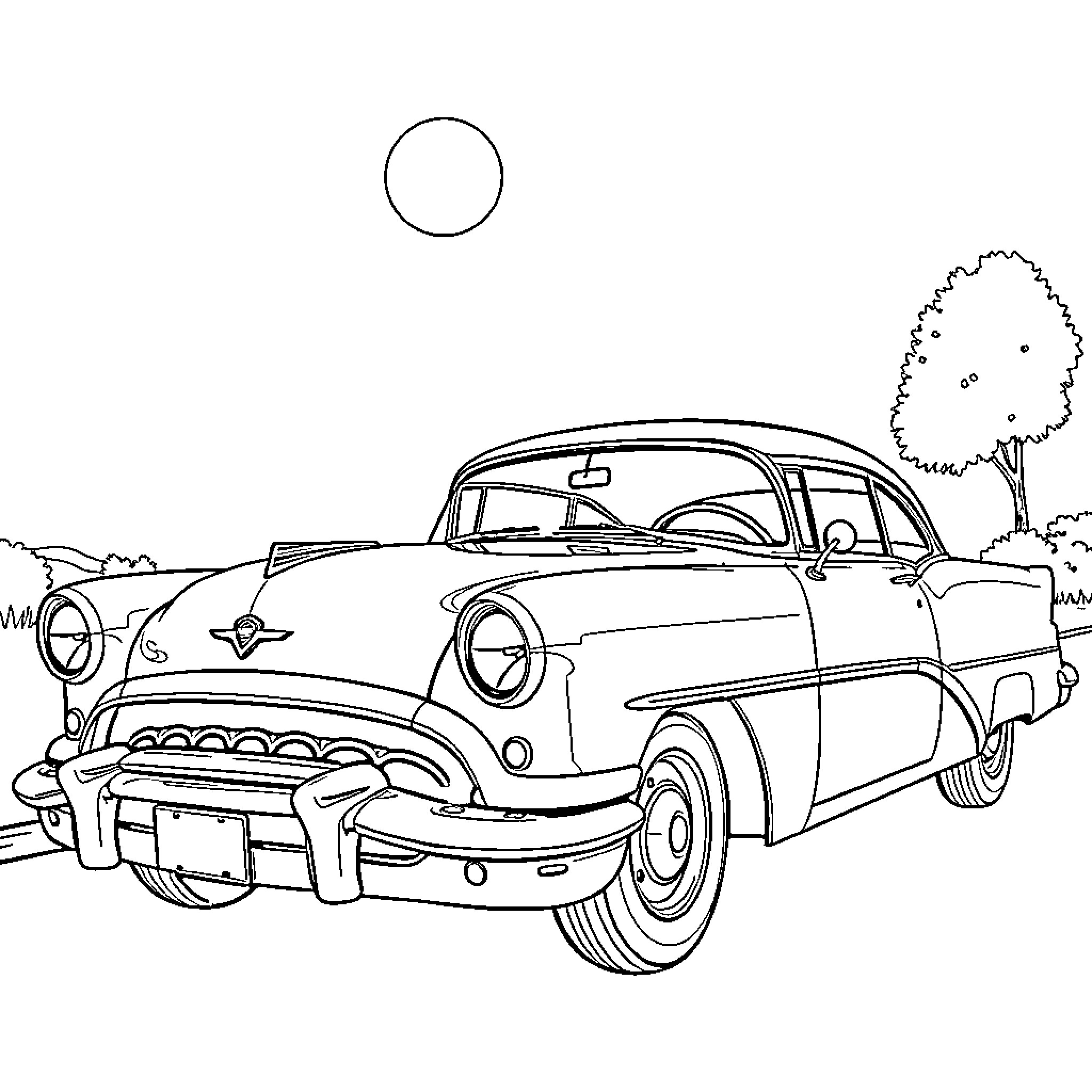 Oldsmobile classic car in scenic outdoor setting Coloring Page (free black-and-white line drawing printable PDF for all, from beginners to advanced learners, including children, teens, adults, and seniors)