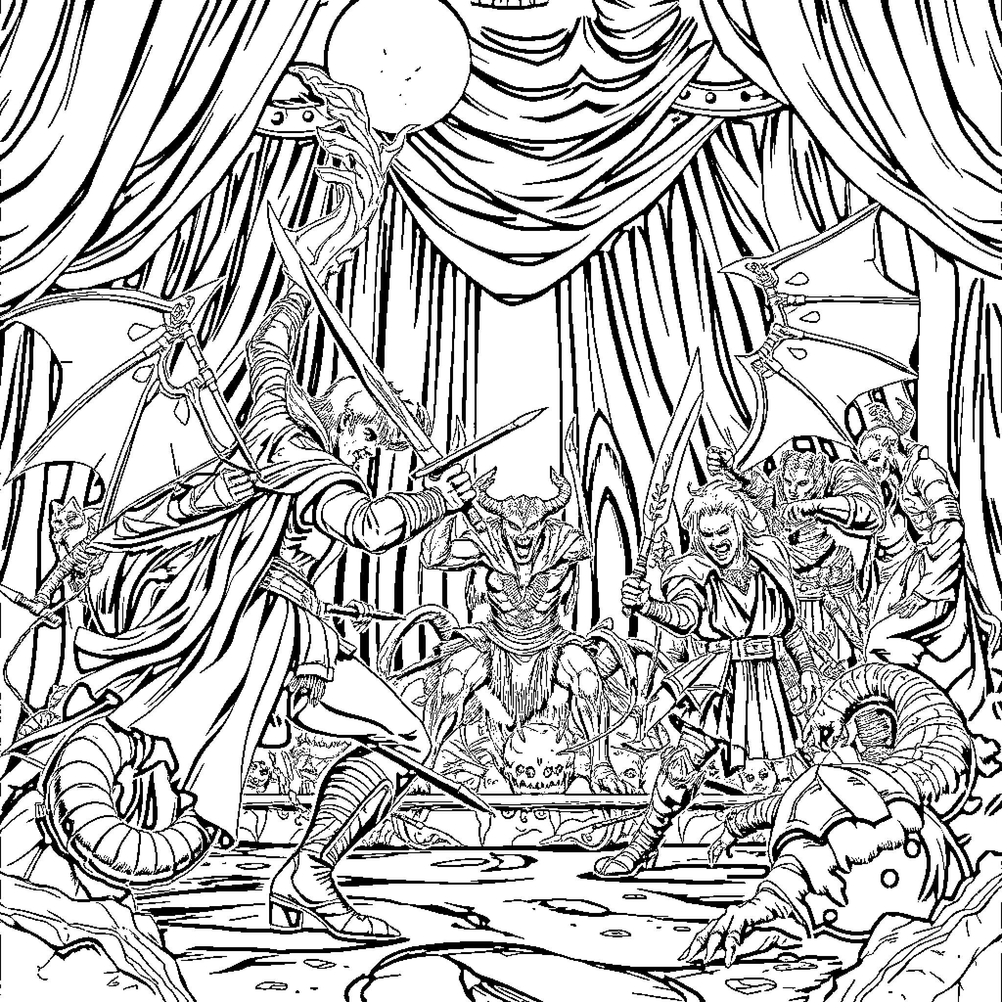 Demon Hunter Faces Otherworldly Foes in Epic Confrontation Coloring Page (free black-and-white line drawing printable PDF for all, from beginners to advanced learners, including children, teens, adults, and seniors)