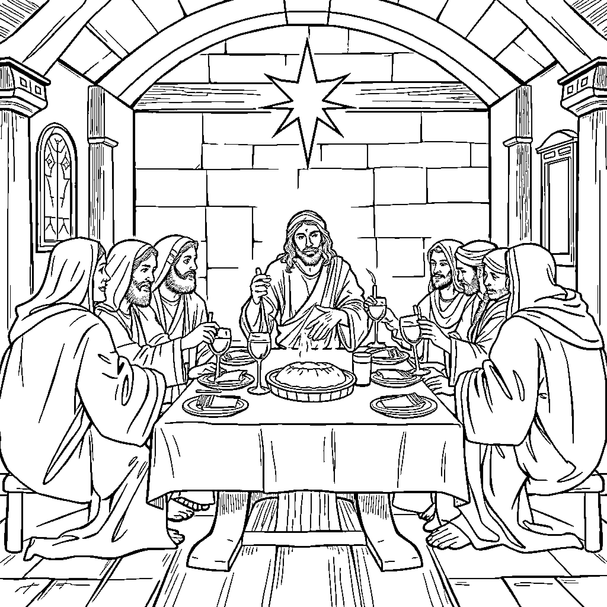 Jesus Sharing a Meal with His Disciples Coloring Page (free black-and-white line drawing printable PDF for all, from beginners to advanced learners, including children, teens, adults, and seniors)