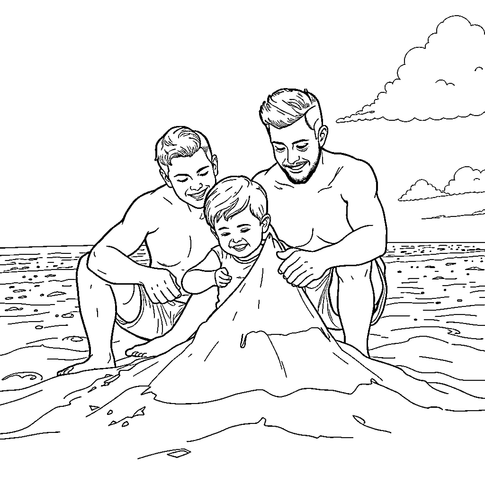 Papa and sons play joyfully on the beach Coloring Page (free black-and-white line drawing printable PDF for all, from beginners to advanced learners, including children, teens, adults, and seniors)