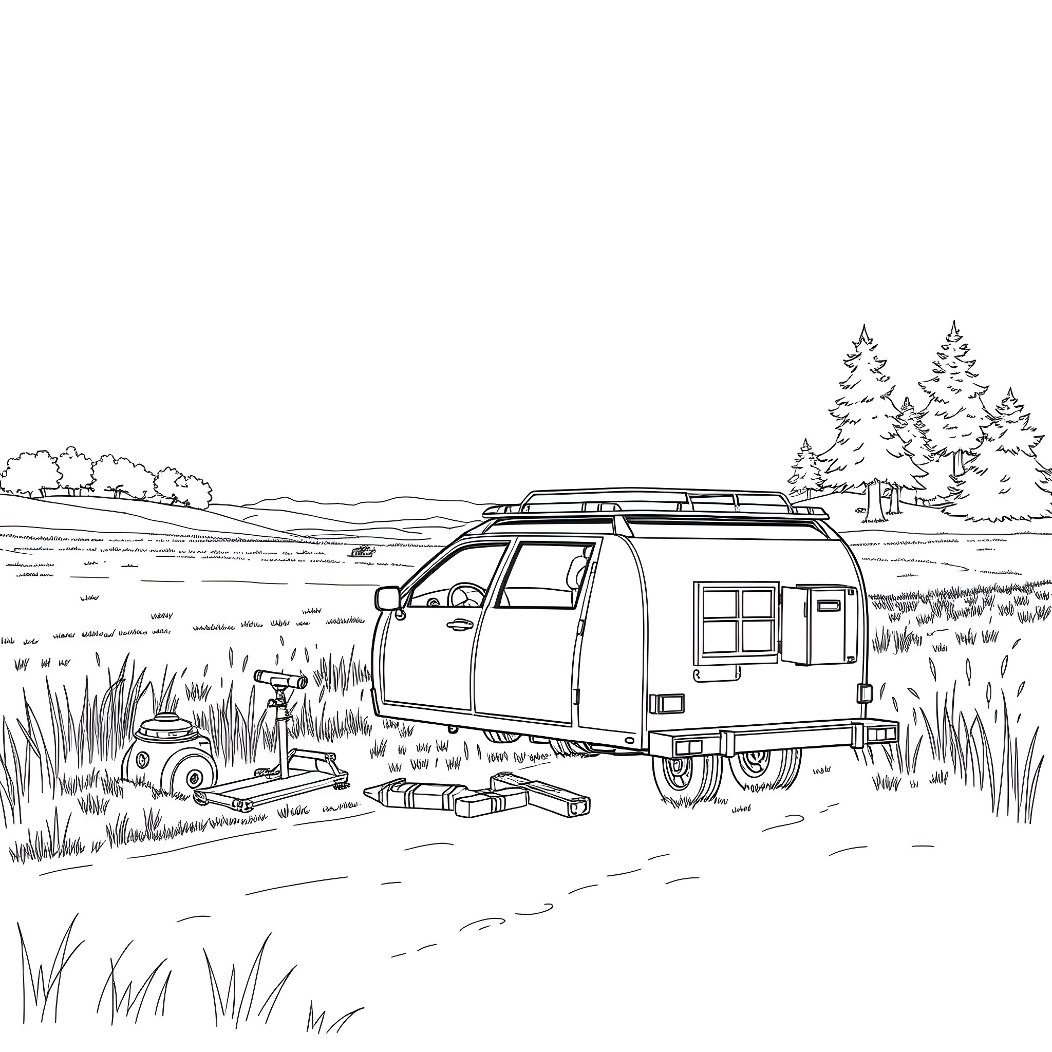 Car Trailer in the Wilderness Campsite Coloring Page (free black-and-white line drawing printable PDF for all, from beginners to advanced learners, including children, teens, adults, and seniors)