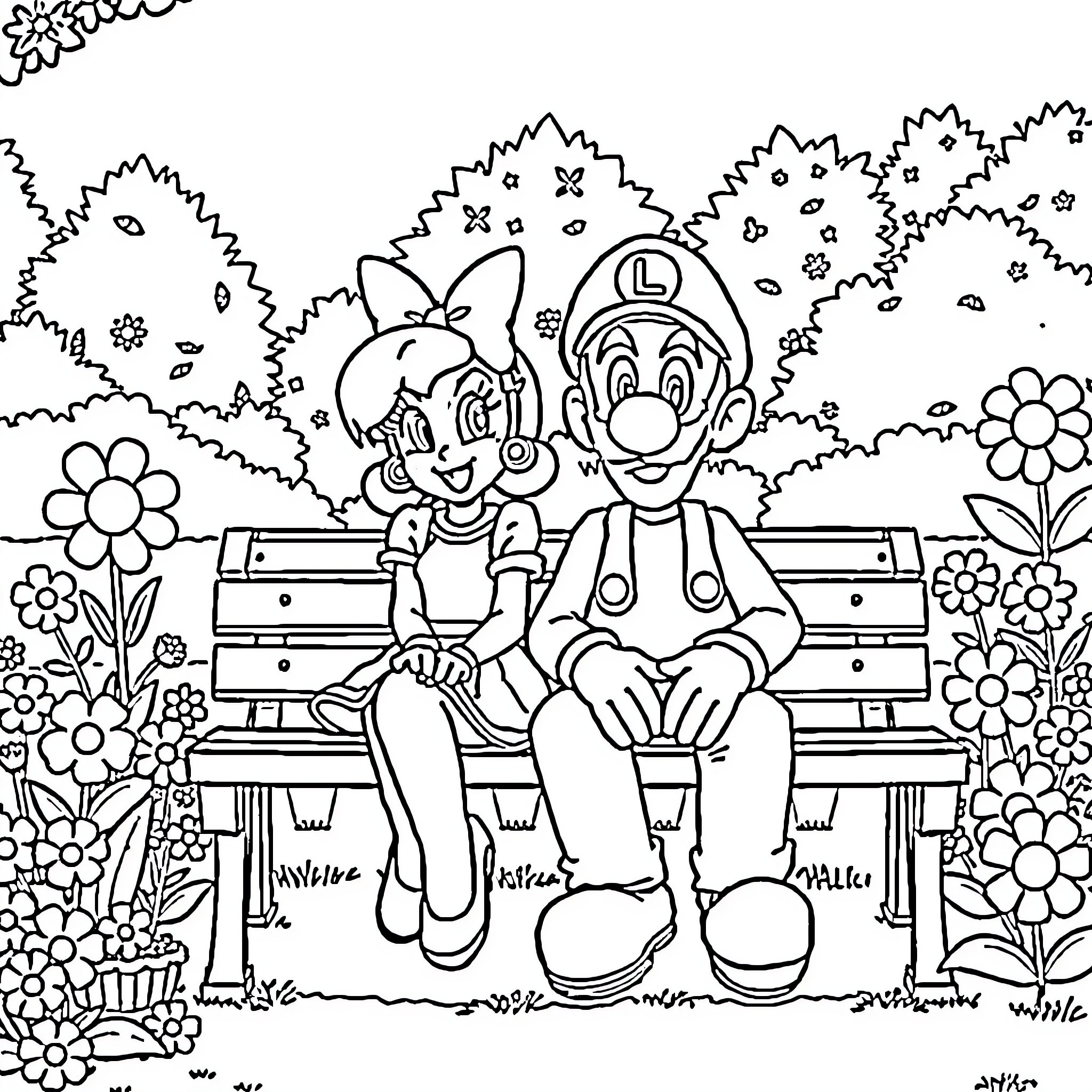 Daisy and Mario enjoying a day in the park Coloring Page (free black-and-white line drawing printable PDF for all, from beginners to advanced learners, including children, teens, adults, and seniors)