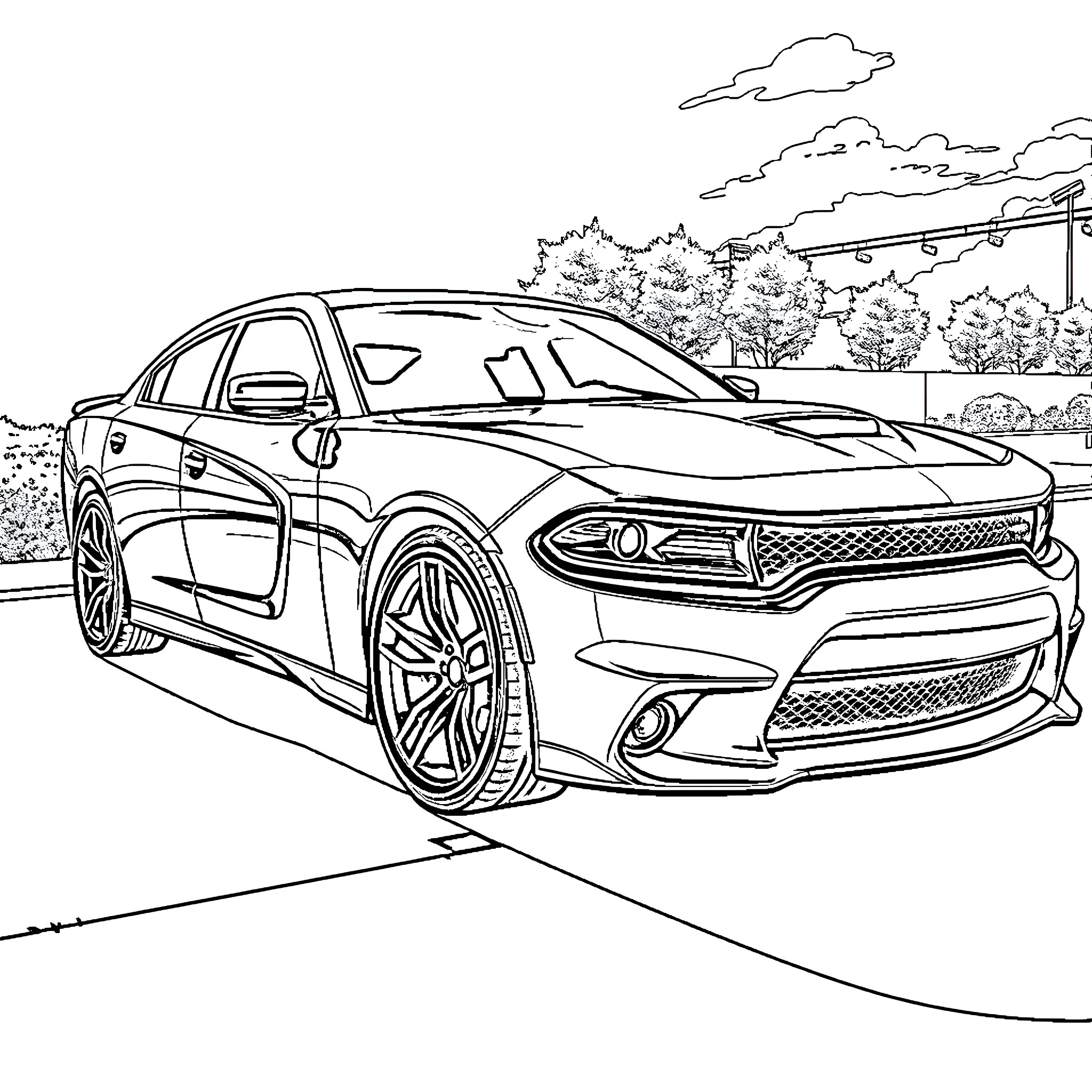 Charger speeding through the countryside Coloring Page (free black-and-white line drawing printable PDF for all, from beginners to advanced learners, including children, teens, adults, and seniors)